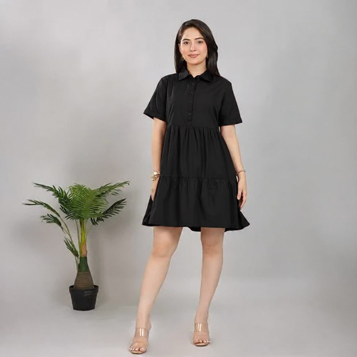 Black collar flare dress [100% pure cotton] -Cotton midi dress