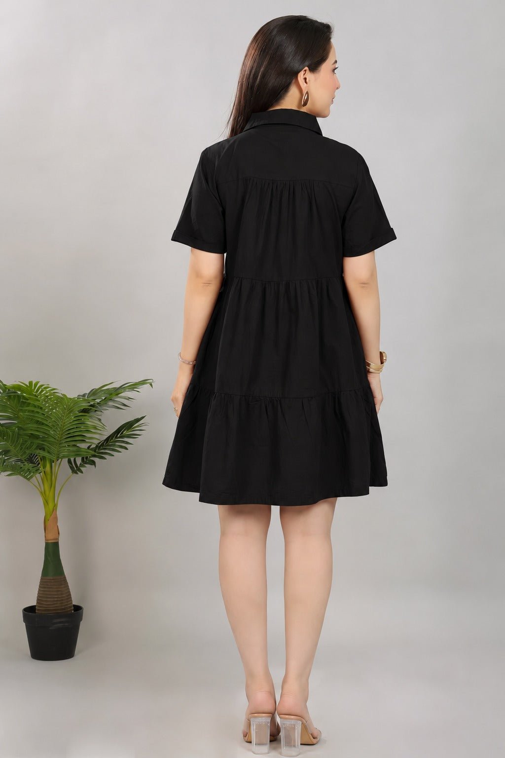 Black collar flare dress [100% pure cotton] -Cotton midi dress
