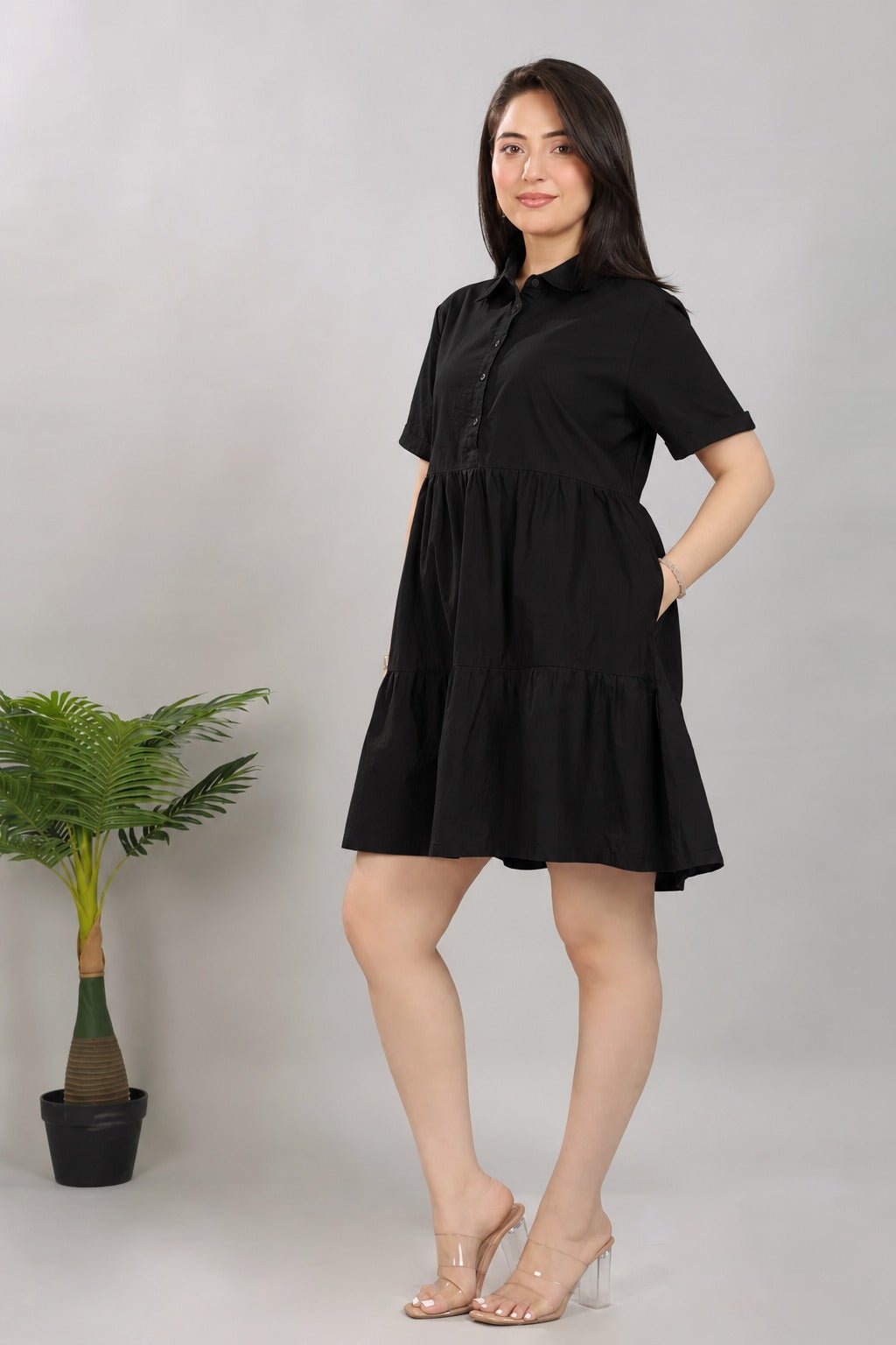 Black collar flare dress [100% pure cotton] -Cotton midi dress