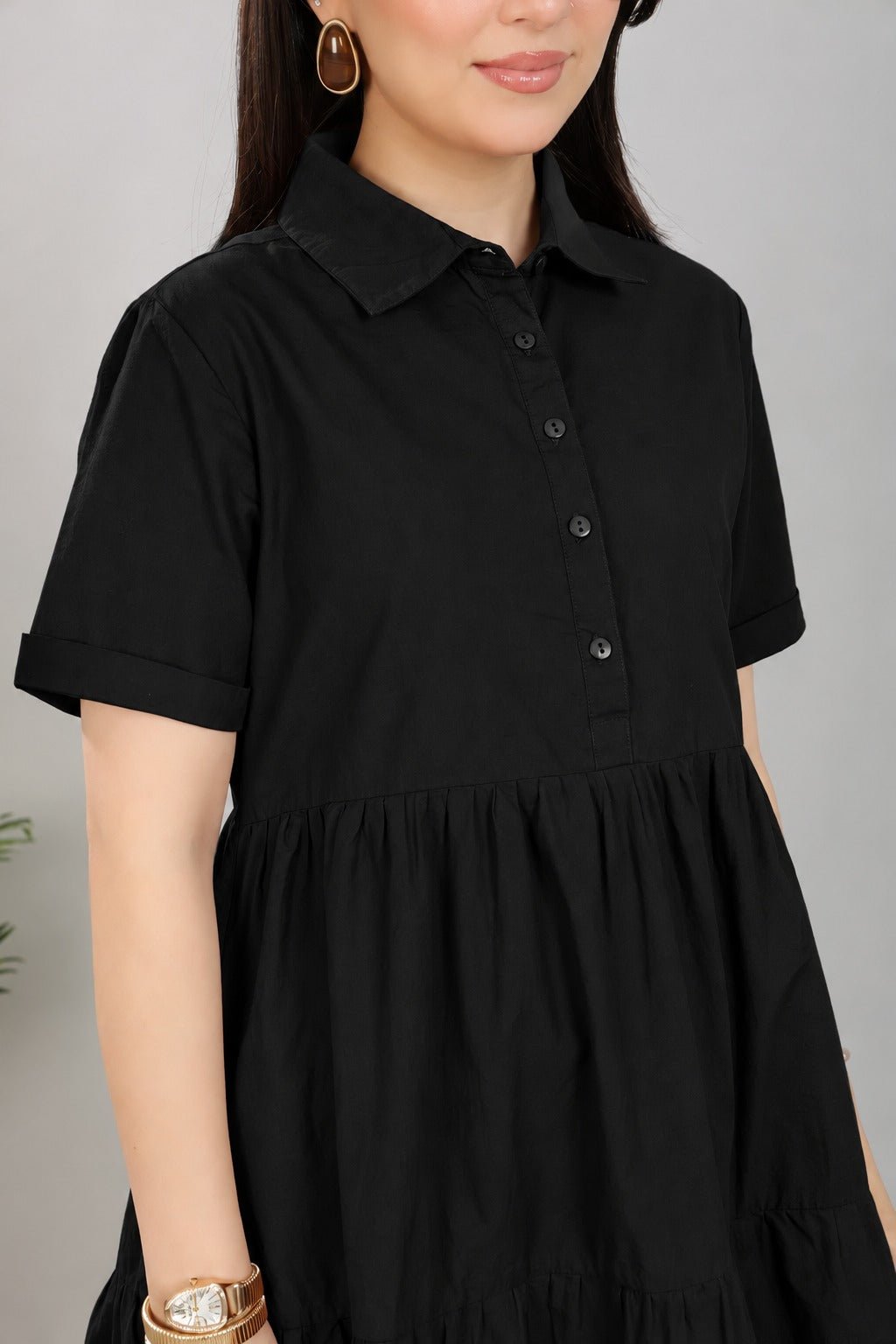 Black collar flare dress [100% pure cotton] -Cotton midi dress