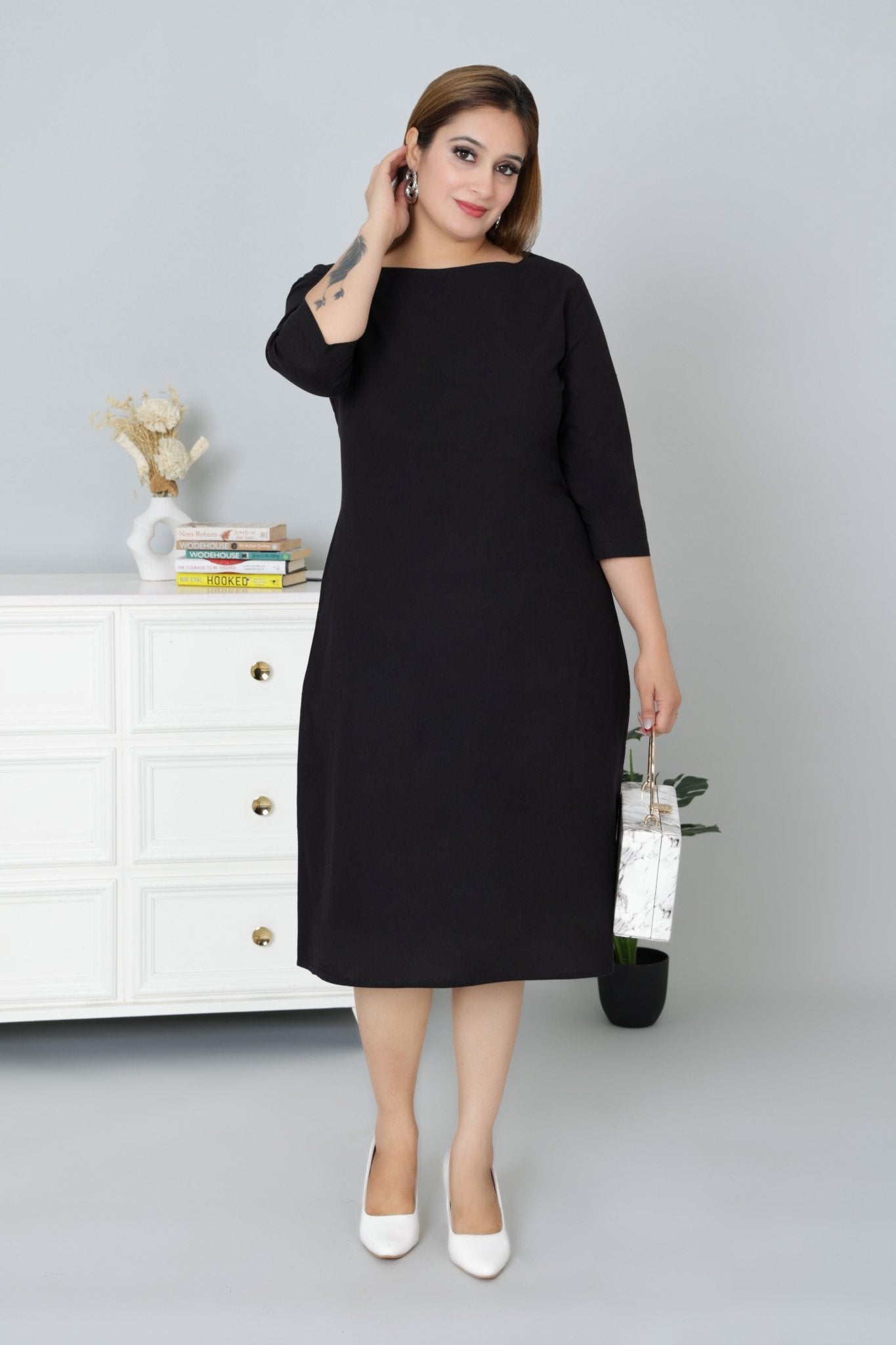 Black cotton full sleeve midi dress with pocket [100% pure cotton] - Cotton pocket midi dress