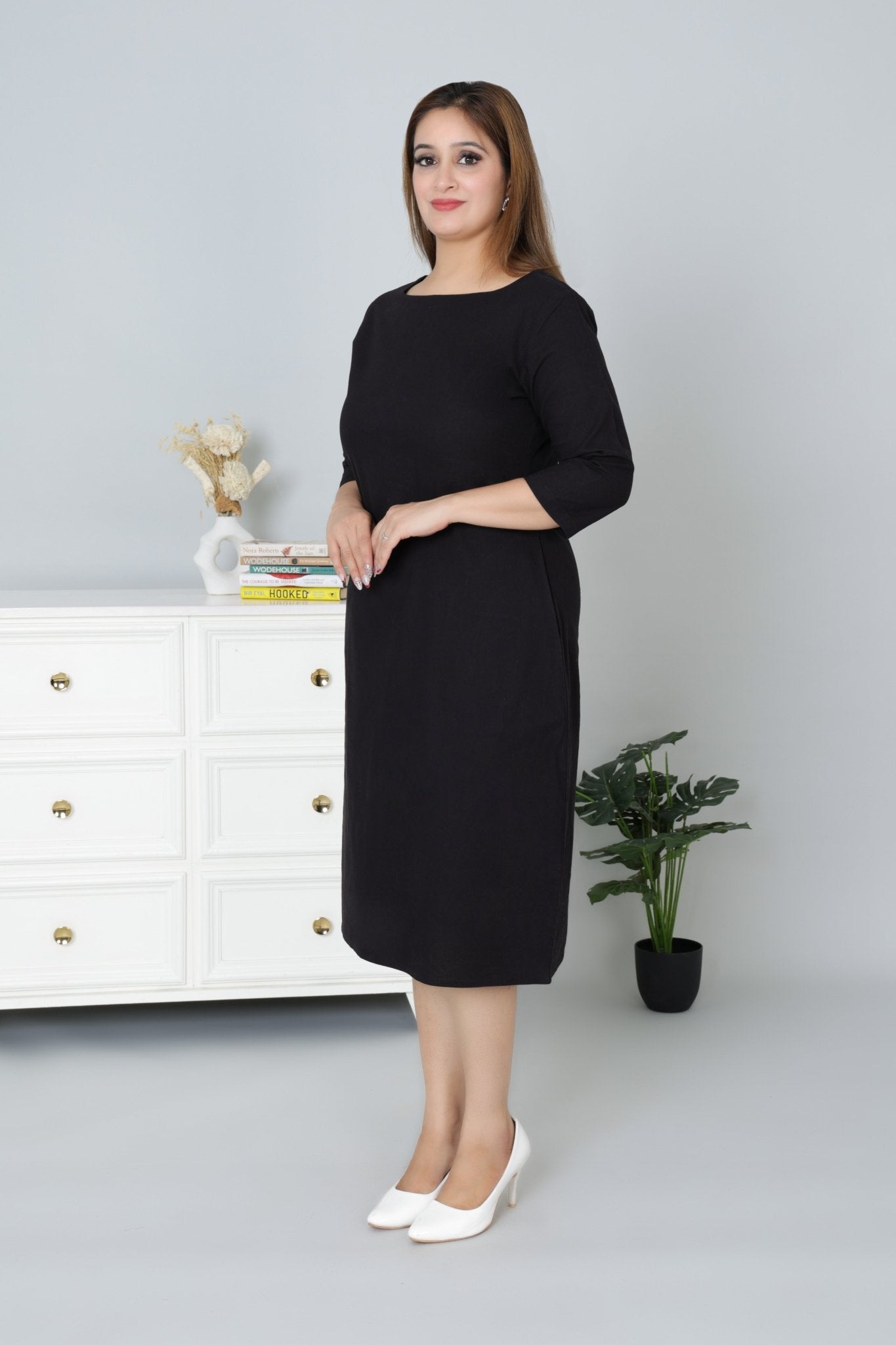 Black cotton full sleeve midi dress with pocket [100% pure cotton] - Cotton pocket midi dress