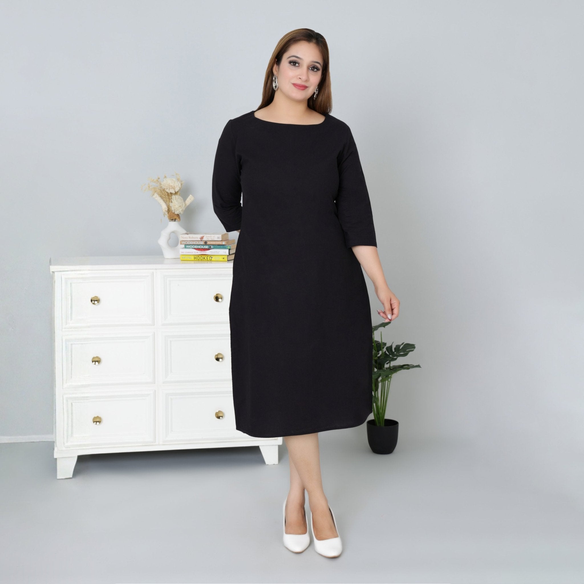 Black cotton full sleeve midi dress with pocket [100% pure cotton] - Cotton pocket midi dress