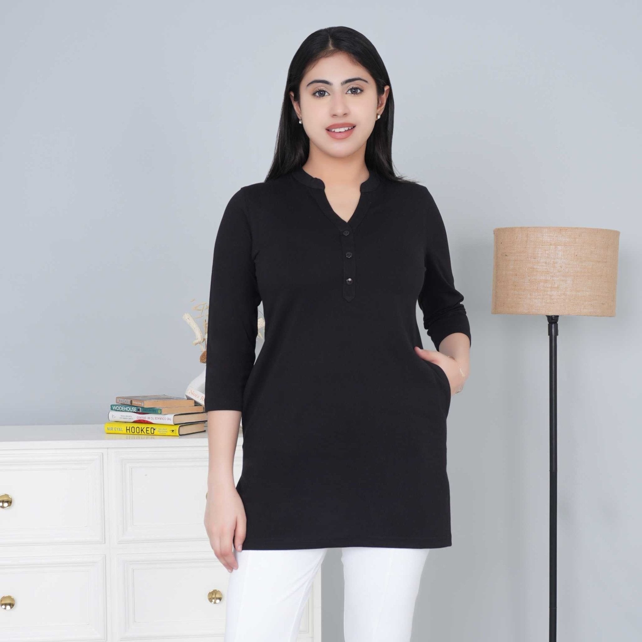 Black cotton kurti tshirt with pockets - Kurti tshirt