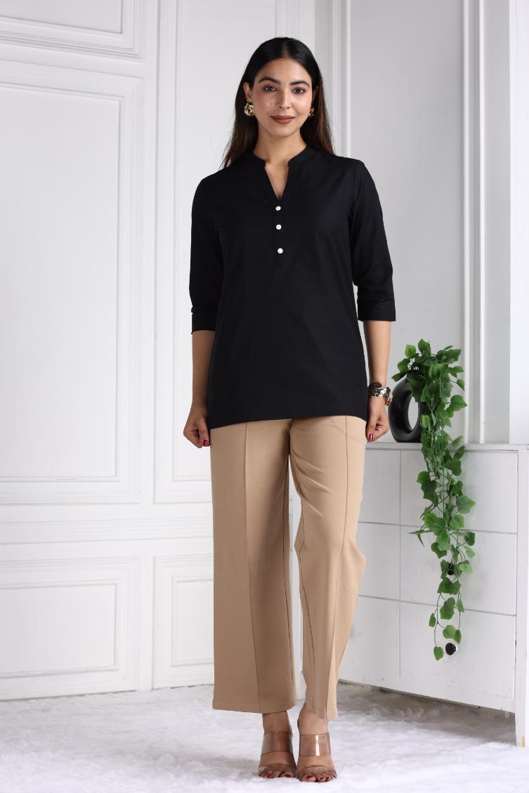 Black Cotton Linen Short Kurti - Short kurta