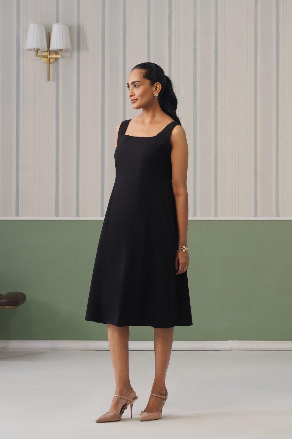 Black cotton midi dress with pocket [100% pure cotton] -Cotton pocket midi dress
