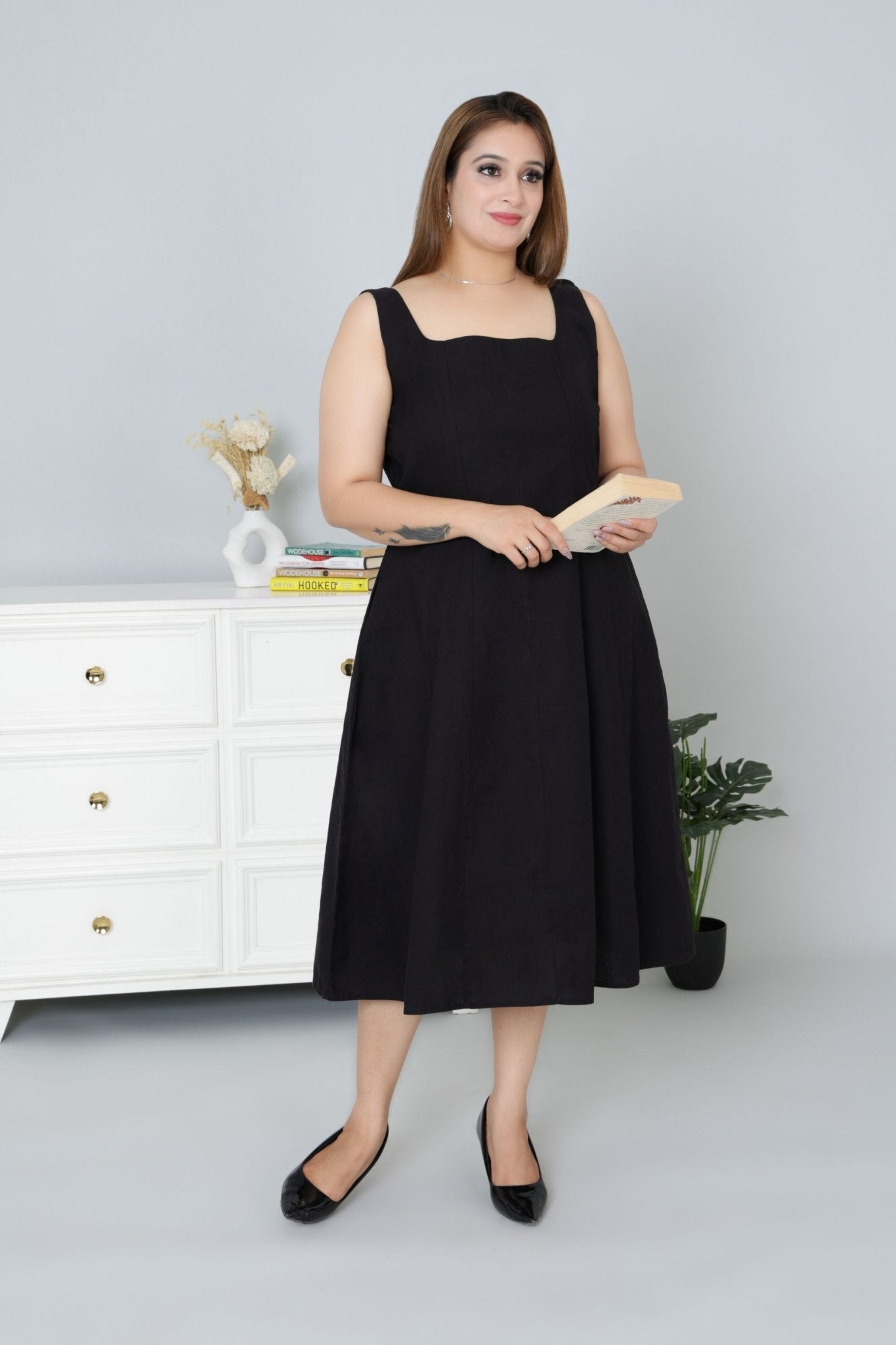 Black cotton midi dress with pocket [100% pure cotton] - Cotton pocket midi dress