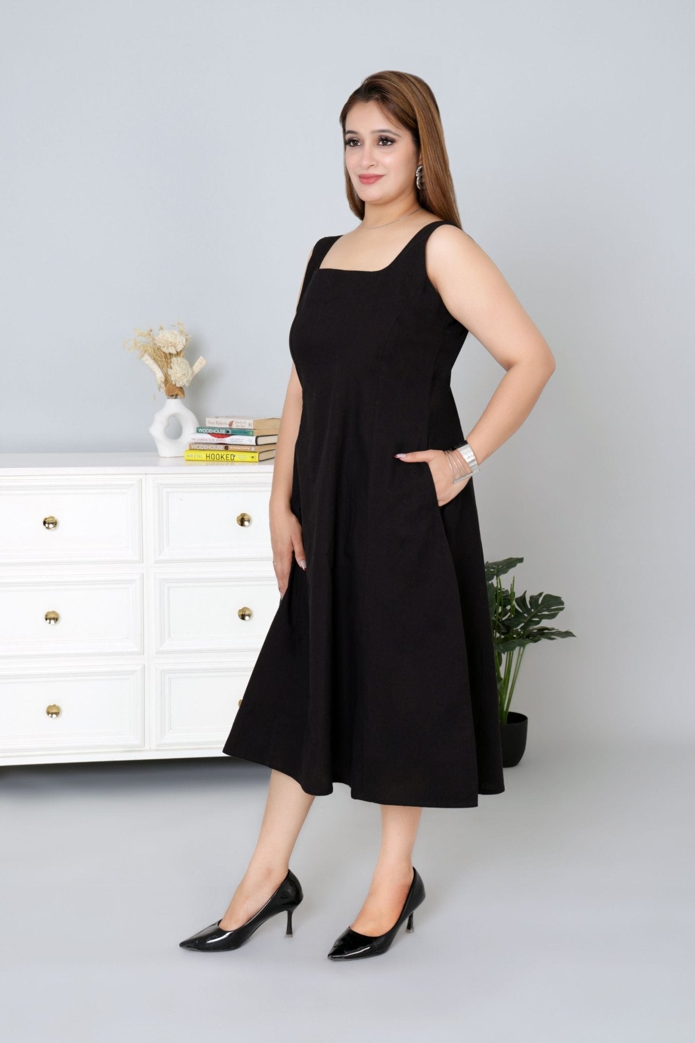 Black cotton midi dress with pocket [100% pure cotton] - Cotton pocket midi dress