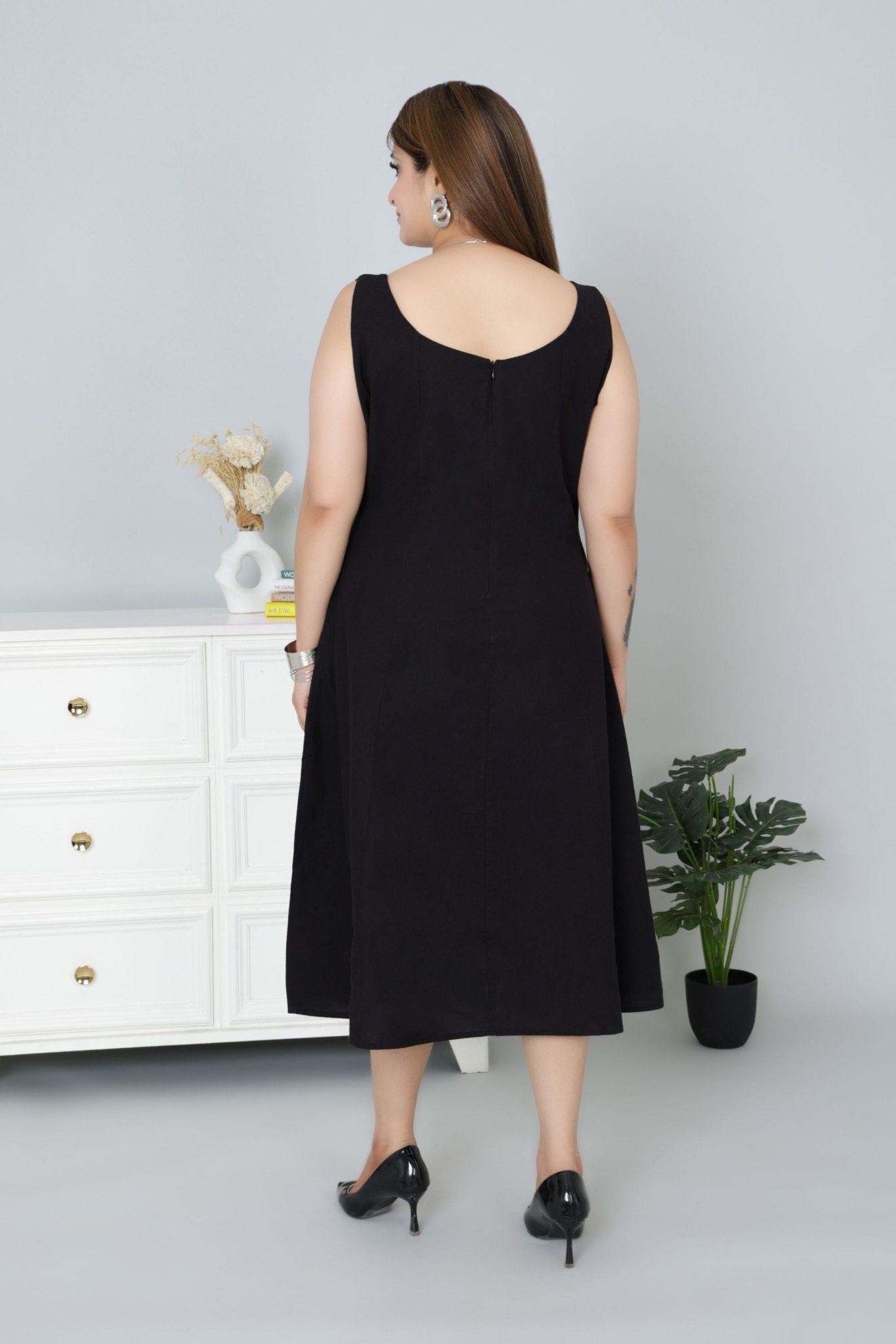 Black cotton midi dress with pocket [100% pure cotton] - Cotton pocket midi dress