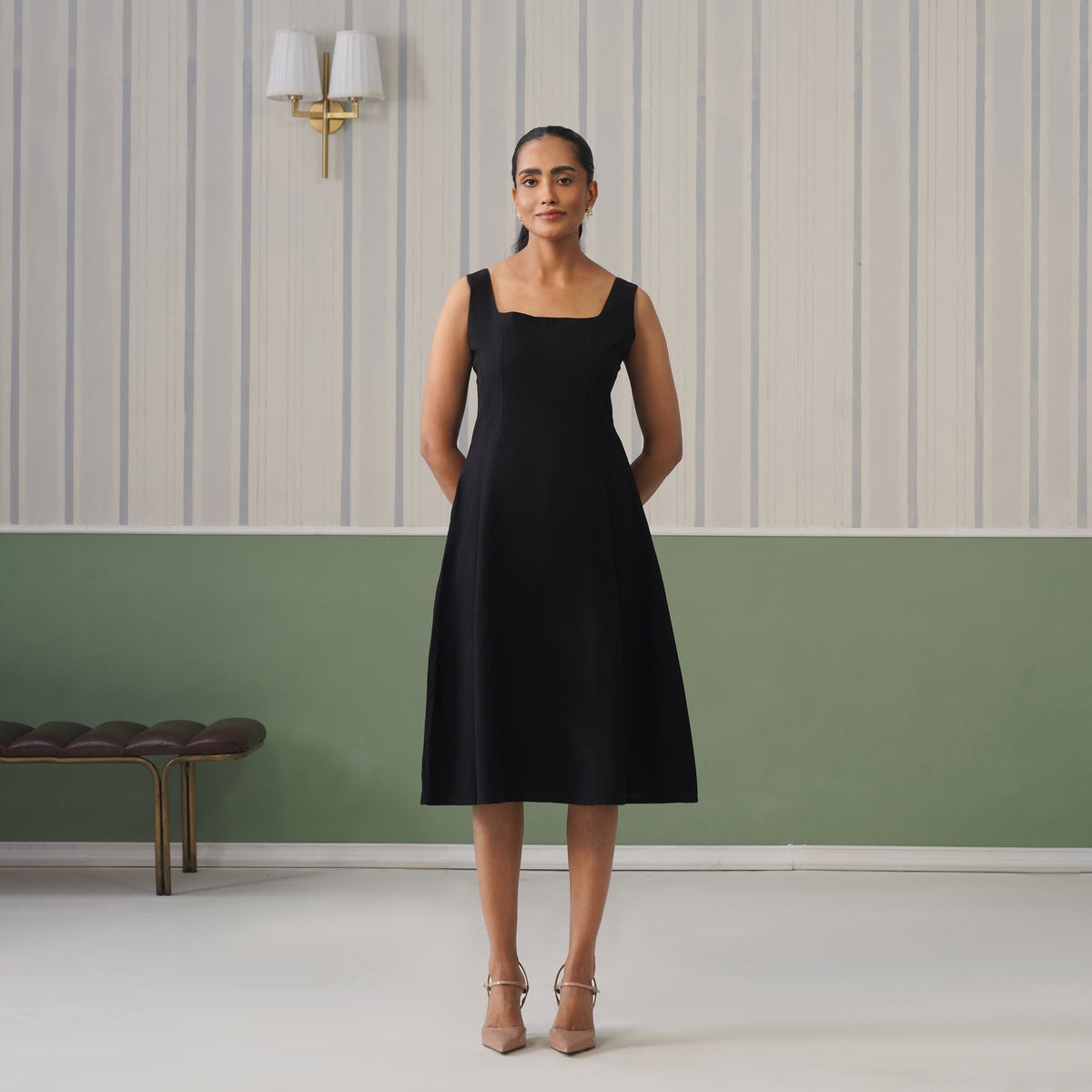 Black cotton midi dress with pocket [100% pure cotton] -Cotton pocket midi dress