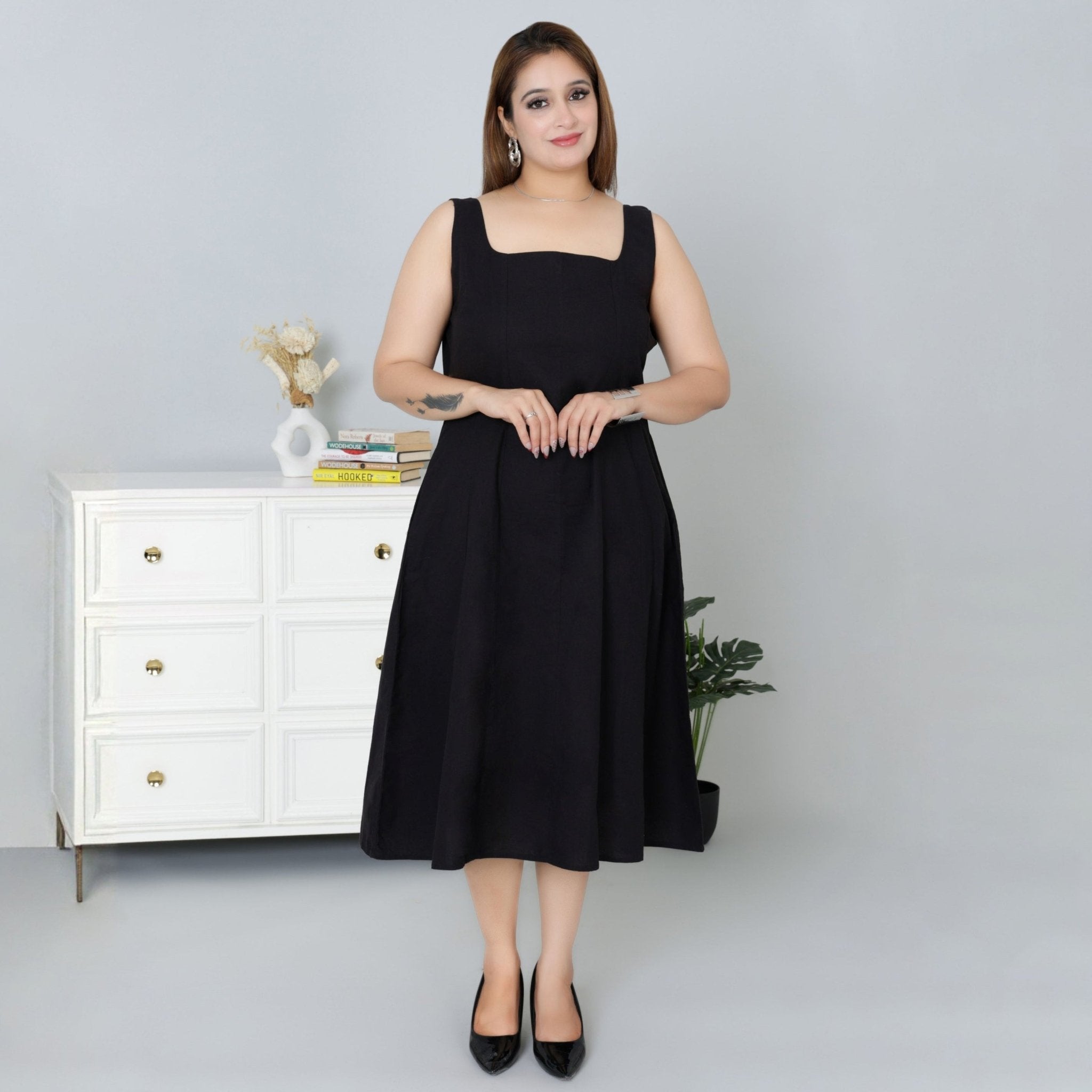 Black cotton midi dress with pocket [100% pure cotton] - Cotton pocket midi dress