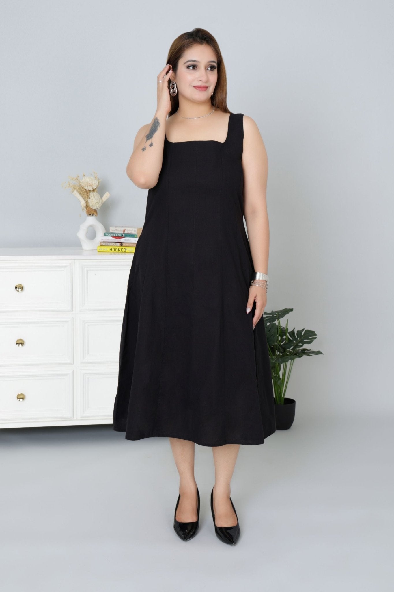 Black cotton midi dress with pocket [100% pure cotton] - Cotton pocket midi dress