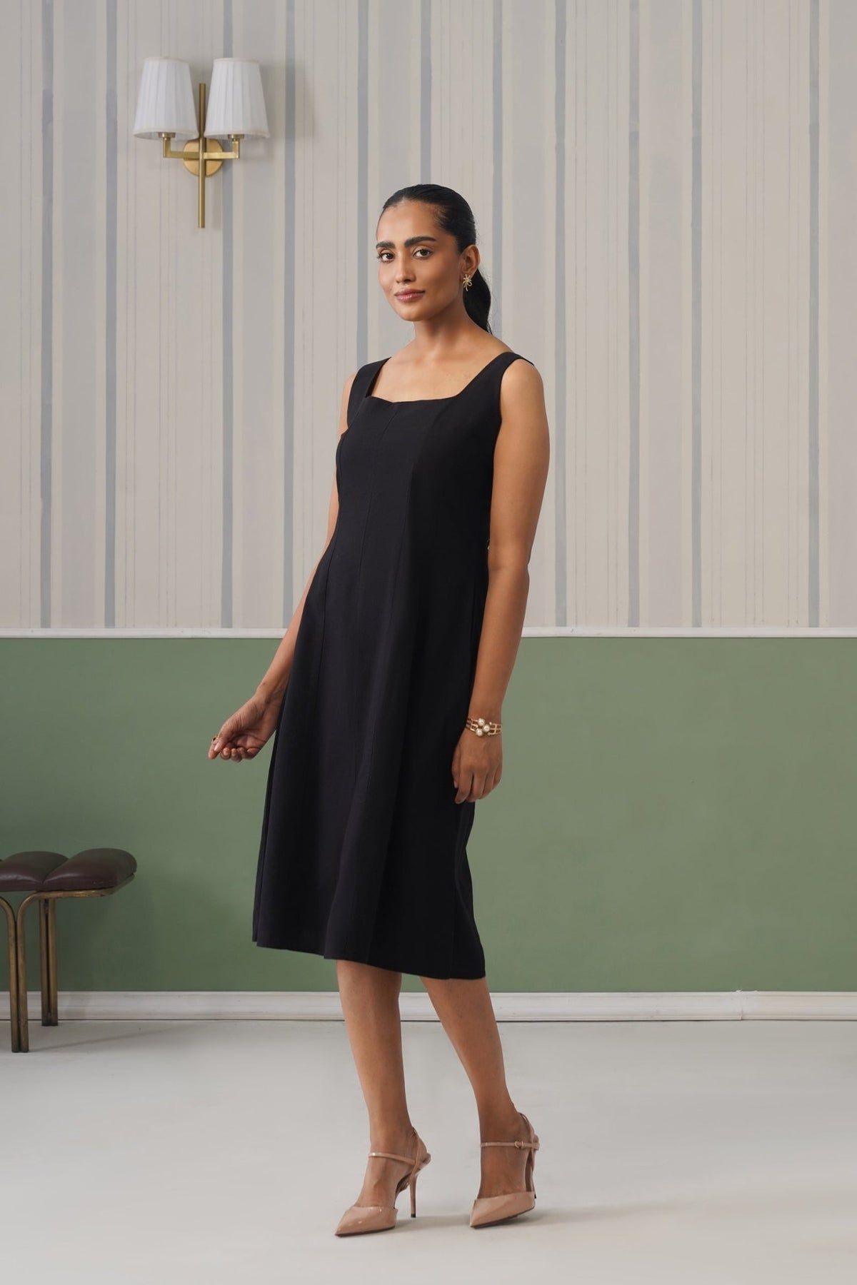 Black cotton midi dress with pocket [100% pure cotton] -Cotton pocket midi dress