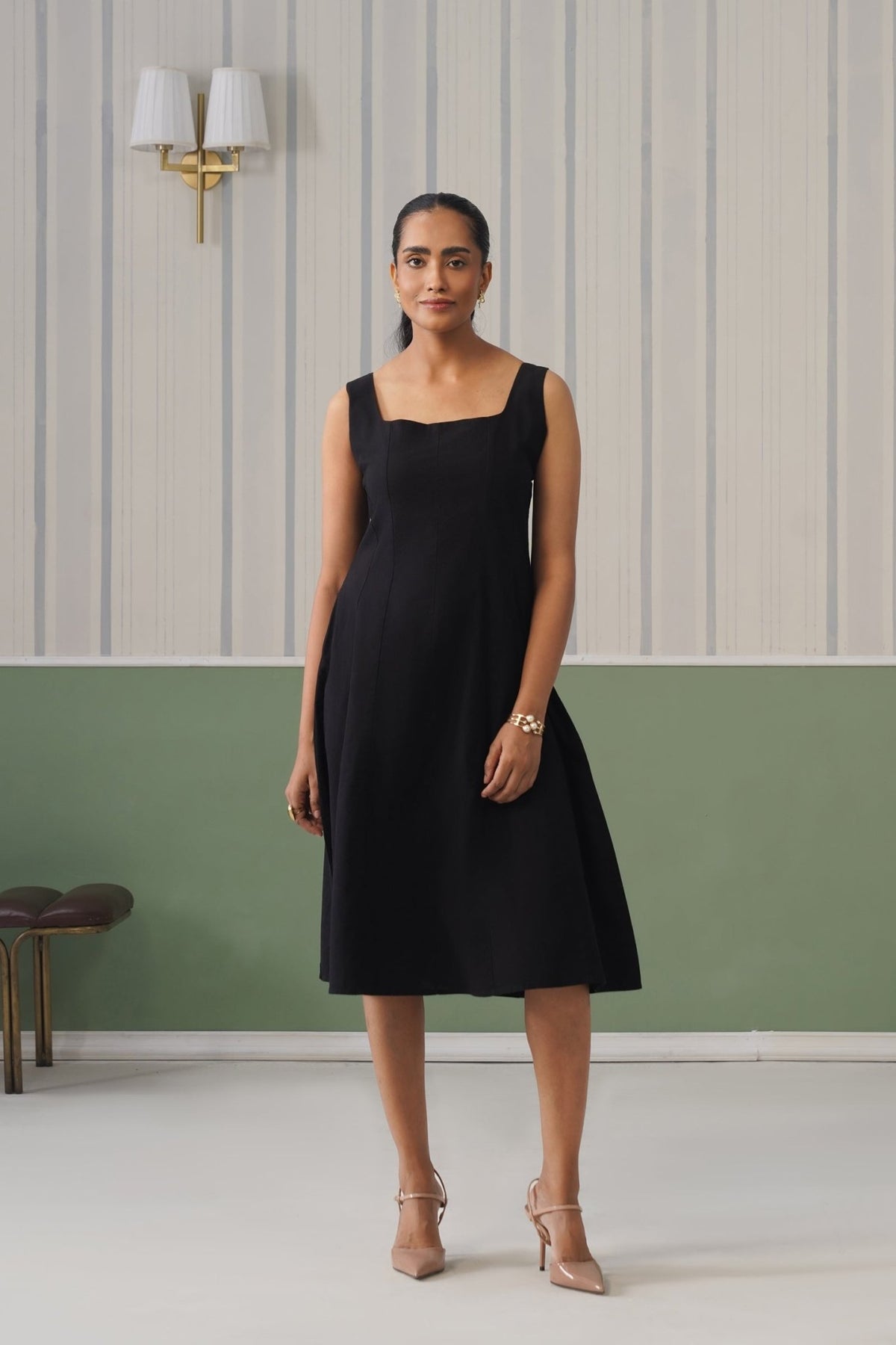 Black cotton midi dress with pocket [100% pure cotton] -Cotton pocket midi dress