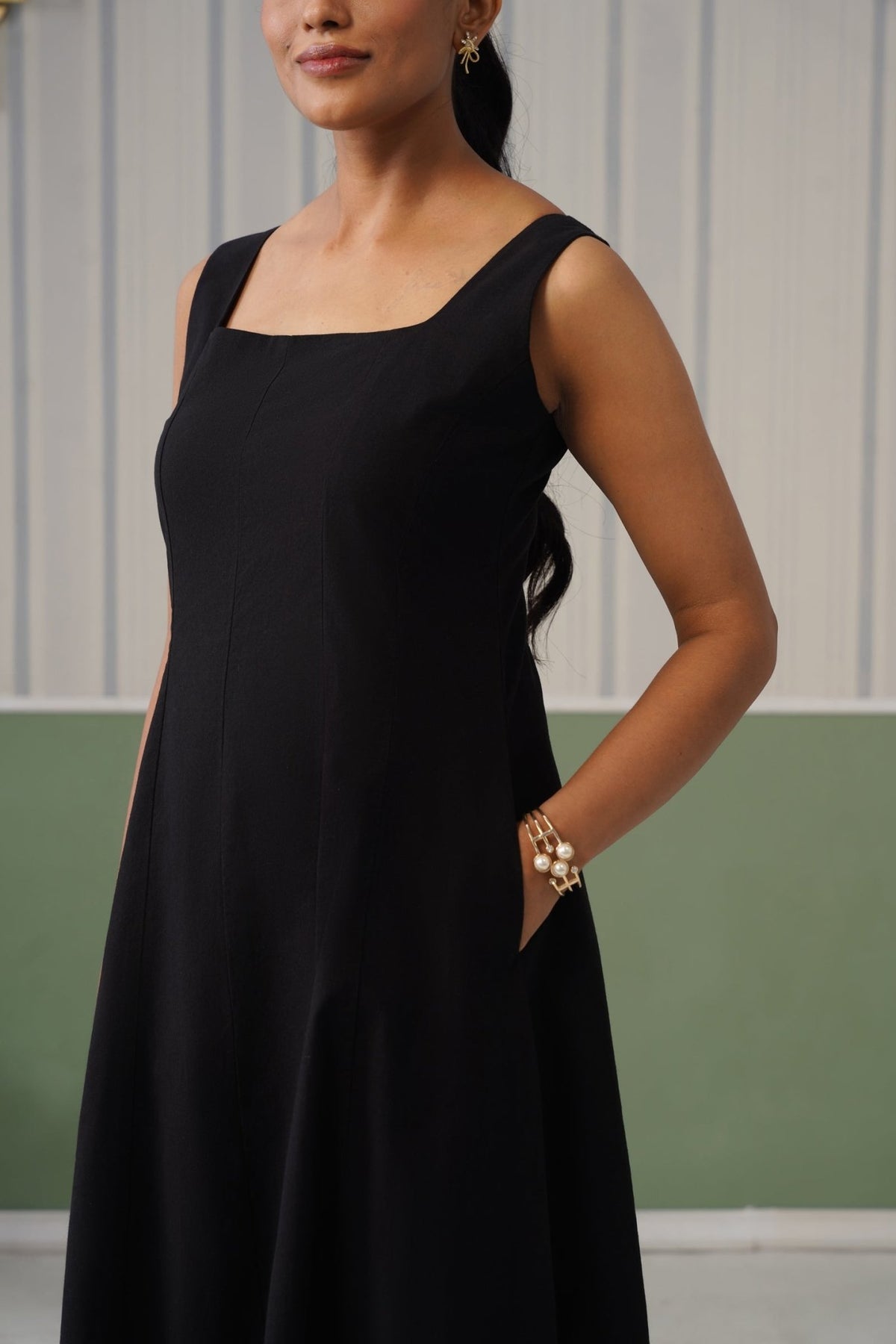 Black cotton midi dress with pocket [100% pure cotton] -Cotton pocket midi dress