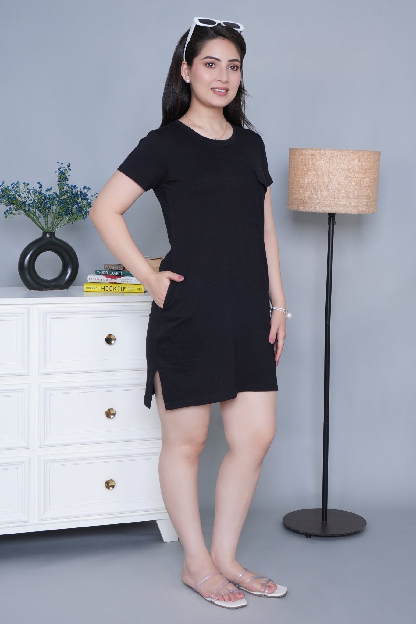 Black cotton round neck dress with flap pocket - Flap pocket dress