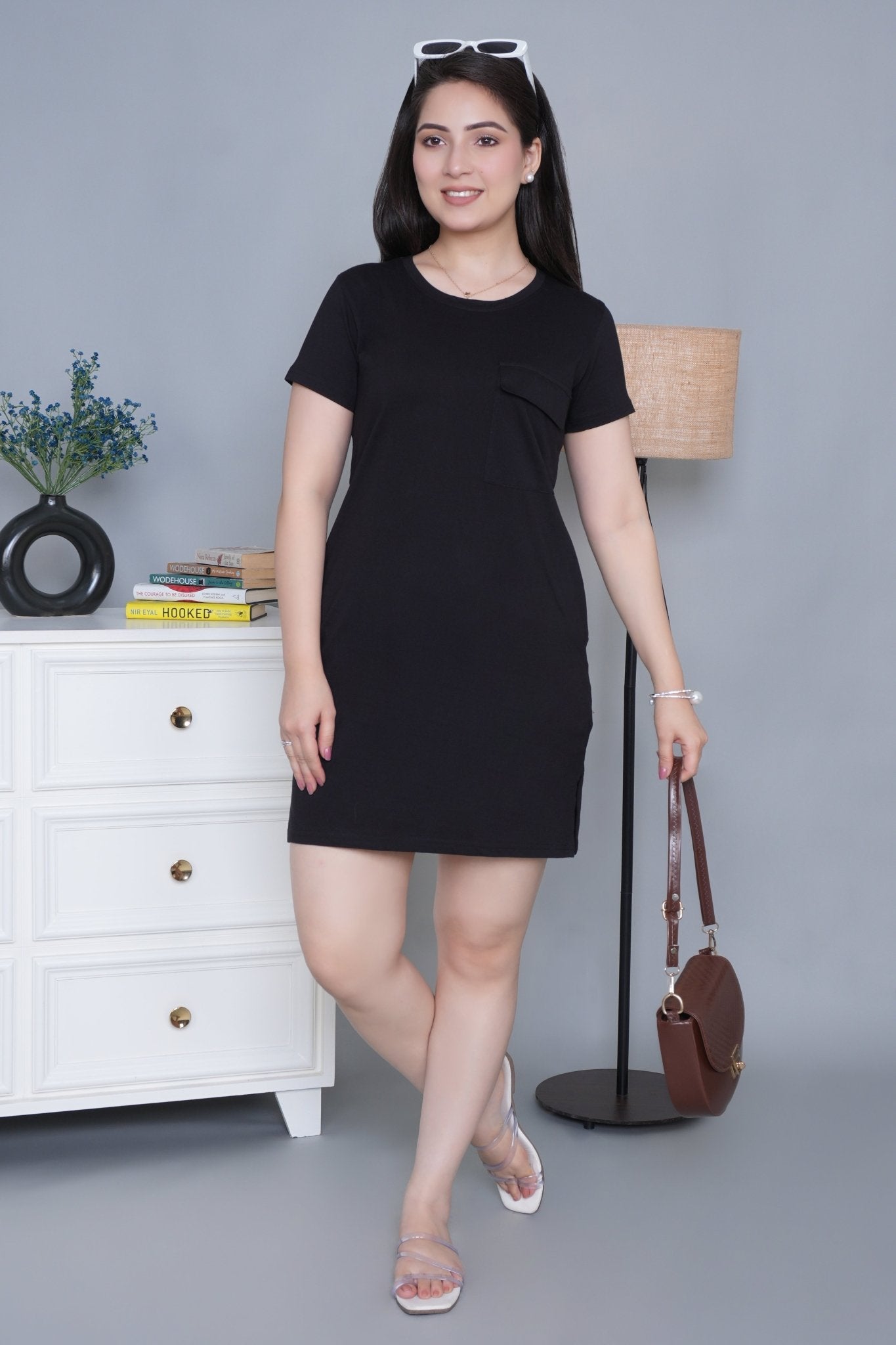 Black cotton round neck dress with flap pocket - Flap pocket dress