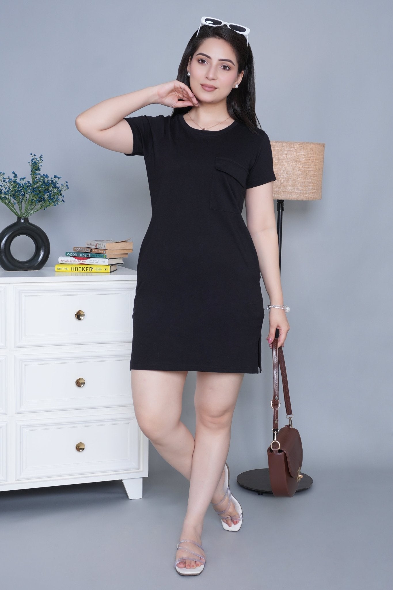 Black cotton round neck dress with flap pocket - Flap pocket dress