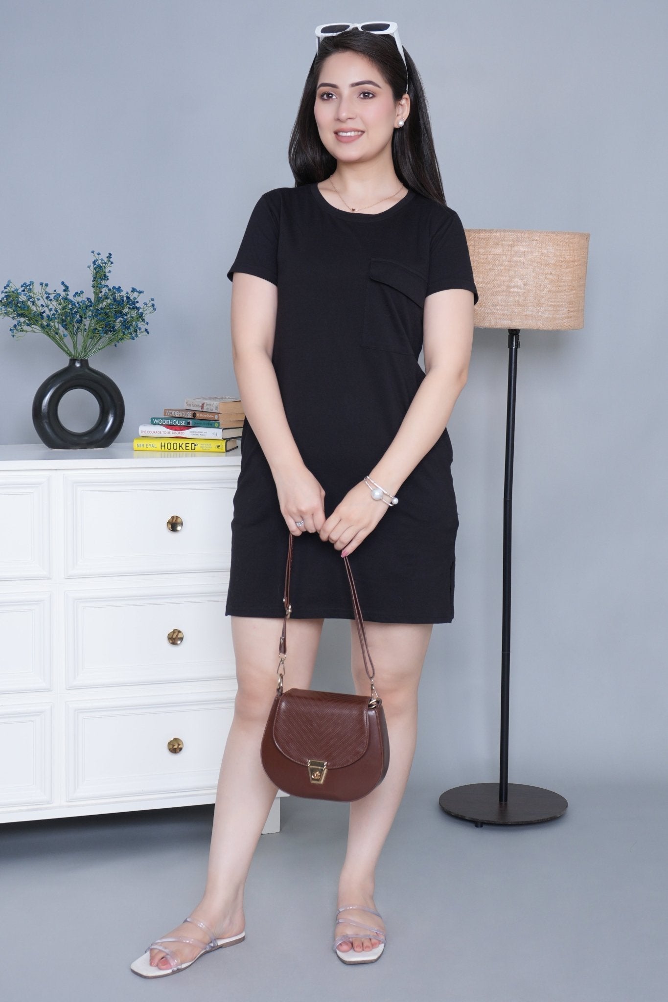 Black cotton round neck dress with flap pocket - Flap pocket dress