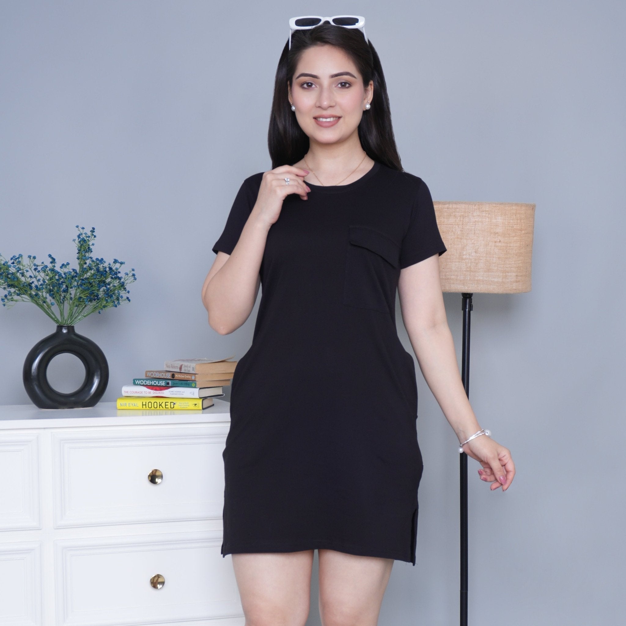Black cotton round neck dress with flap pocket - Flap pocket dress