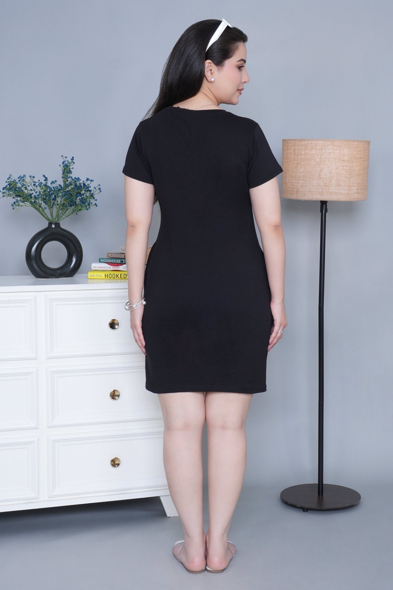 Black cotton round neck dress with flap pocket - Flap pocket dress