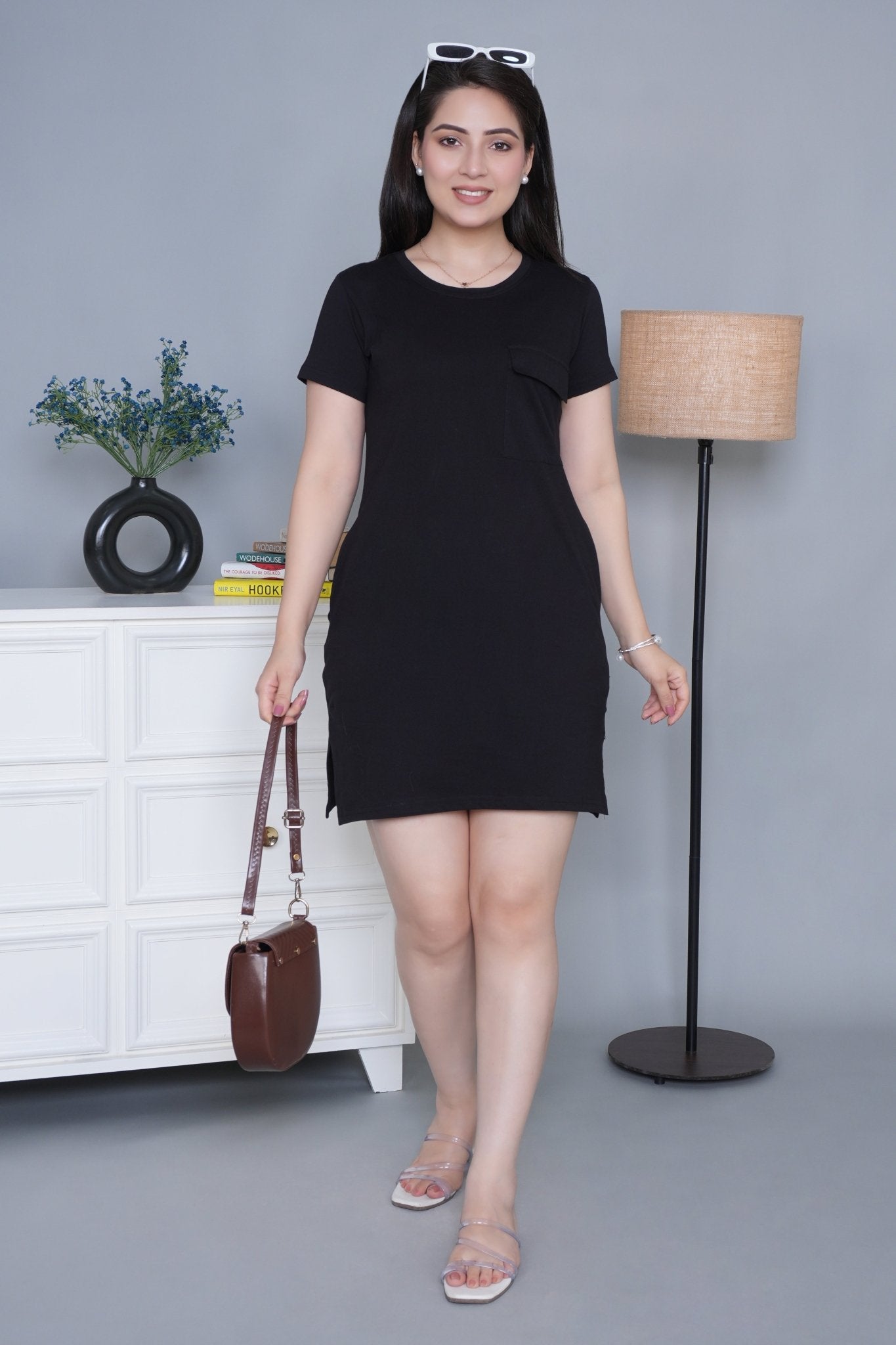 Black cotton round neck dress with flap pocket - Flap pocket dress