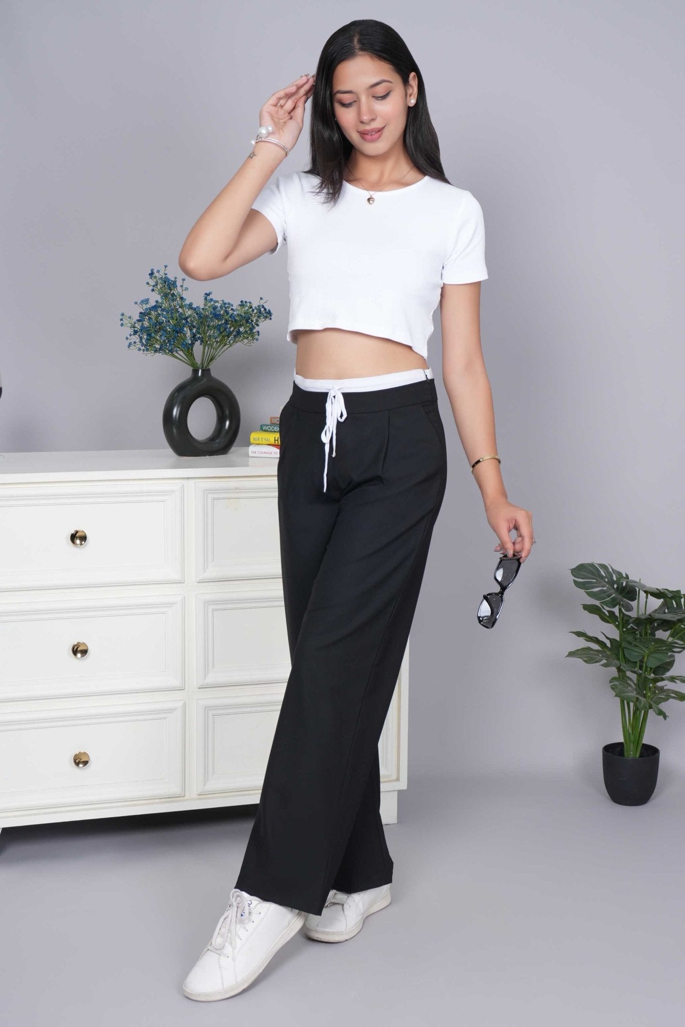 Black high waist belted trouser with spandex - High waist belted trouser