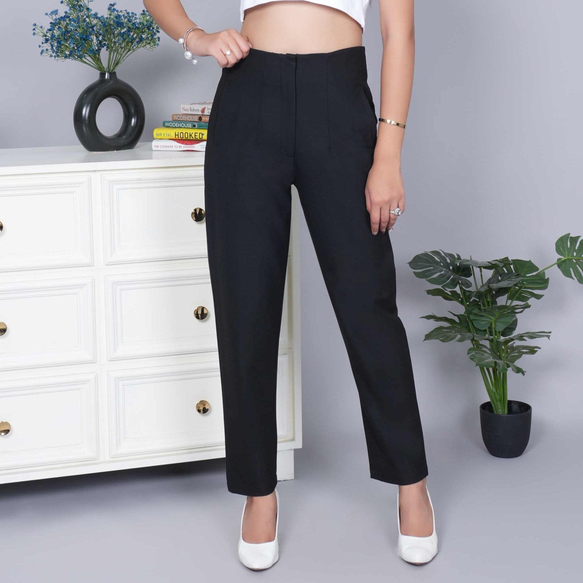 Black high waist pleated pant with spandex [Straight fit] - High waist pleated pant