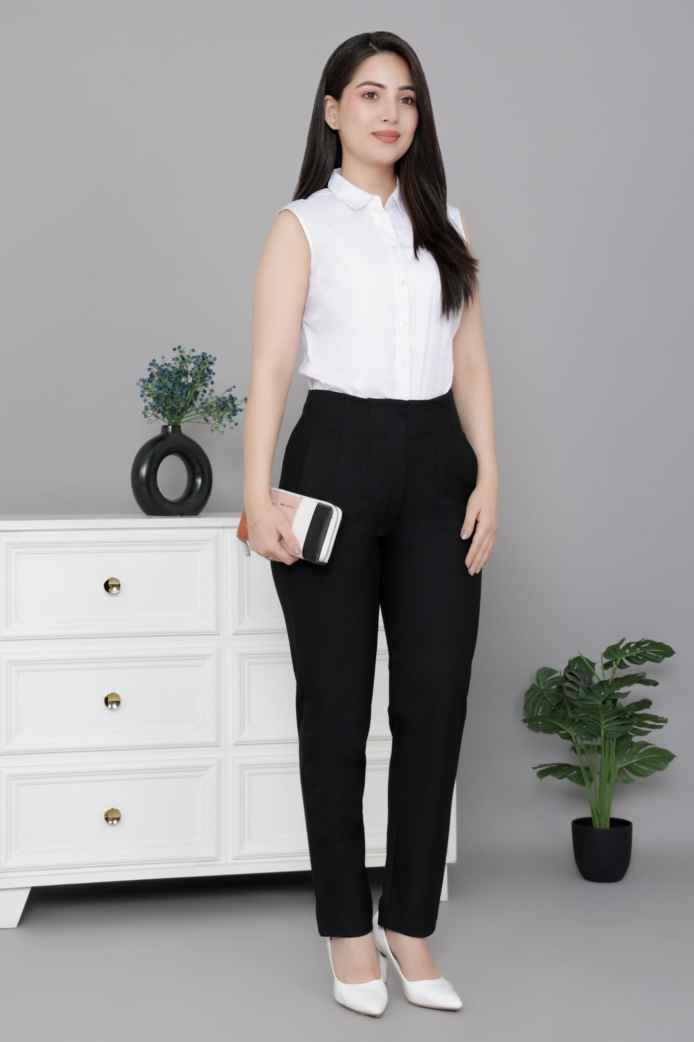 Black high waist pleated pant with spandex [Straight fit] -High waist pleated pant