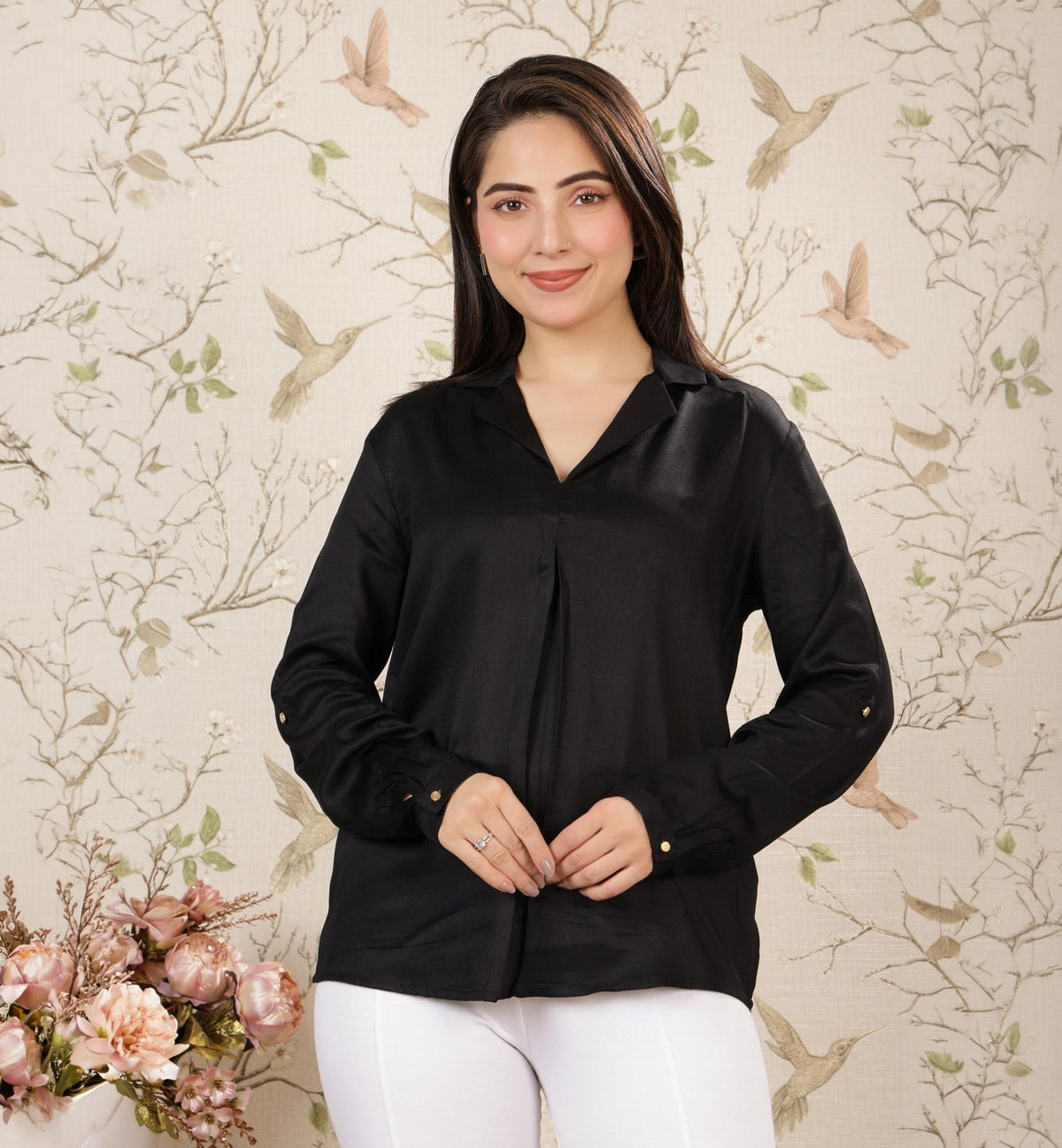Black Lapel collar satin top -satin shirt
