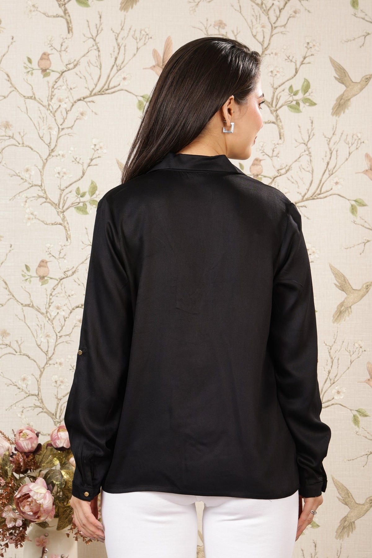 Black Lapel collar satin top -satin shirt