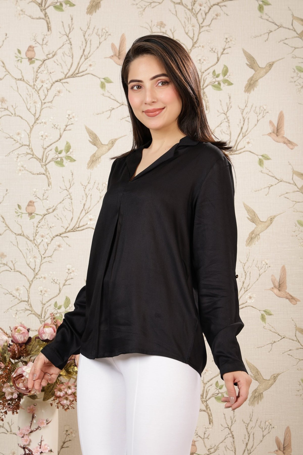 Black Lapel collar satin top -satin shirt