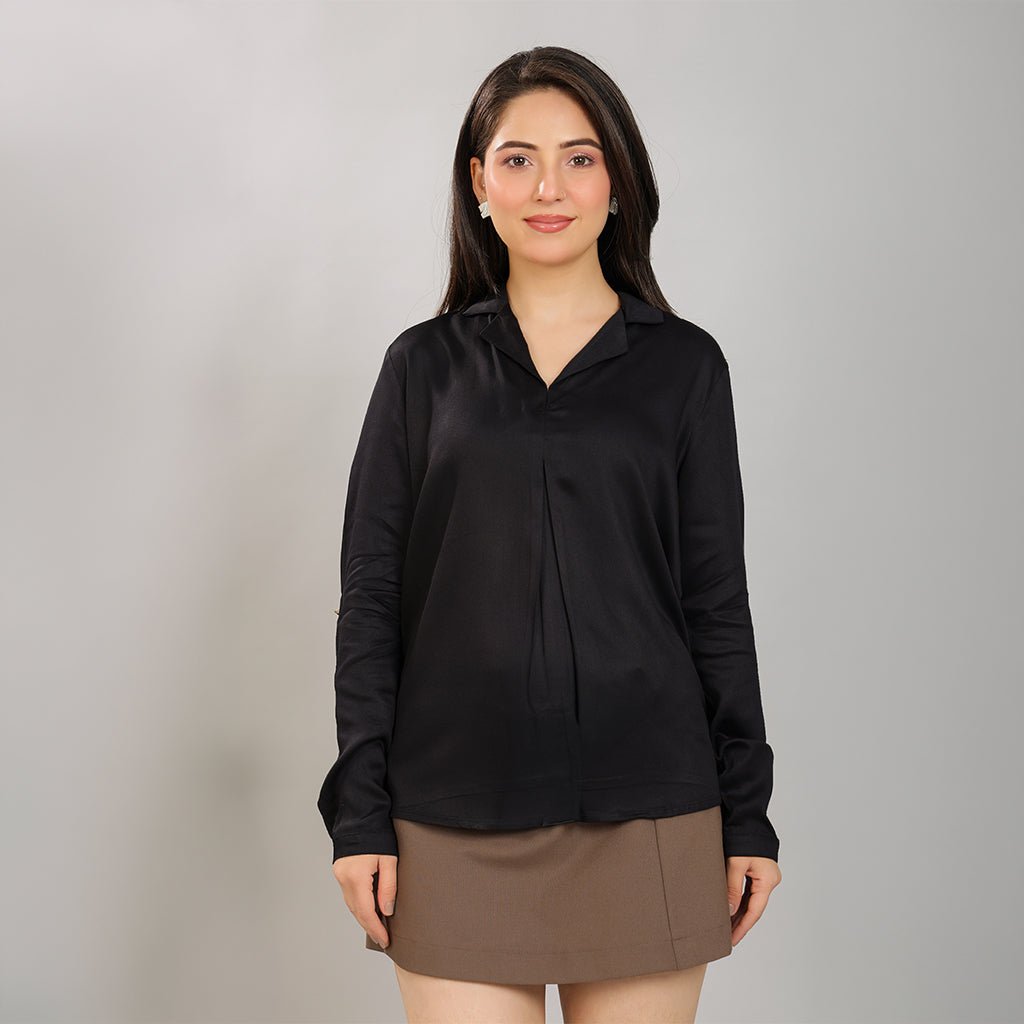 Black Lapel collar satin top -satin shirt