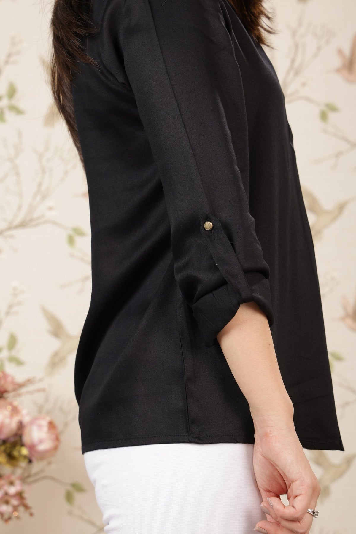 Black Lapel collar satin top -satin shirt