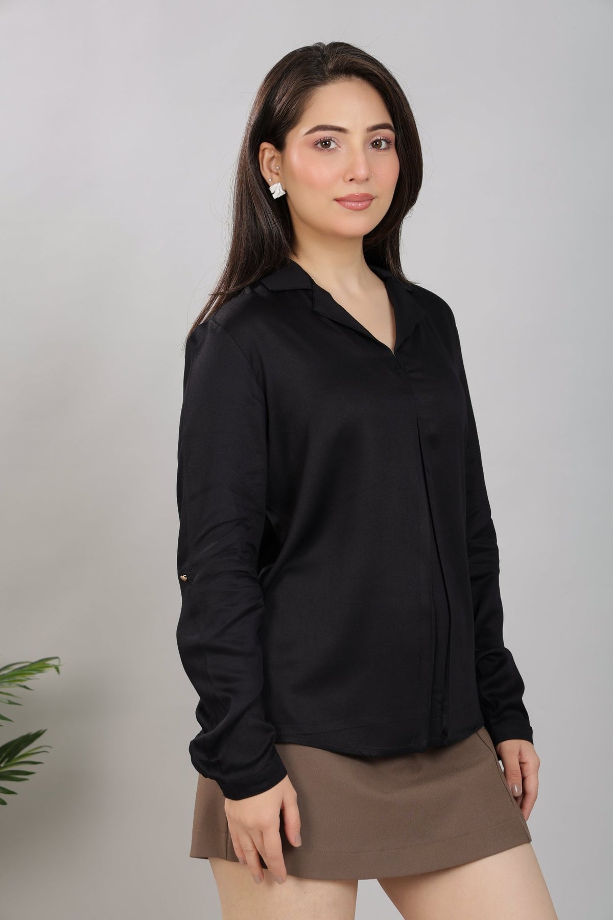 Black Lapel collar satin top -satin shirt