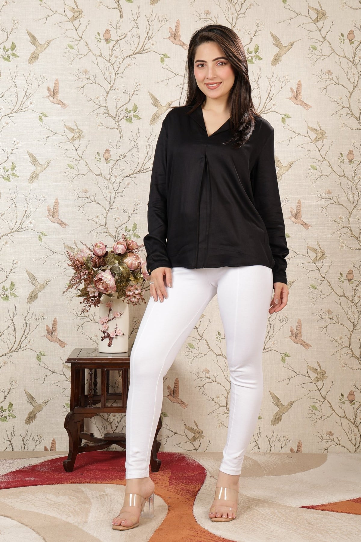 Black Lapel collar satin top -satin shirt