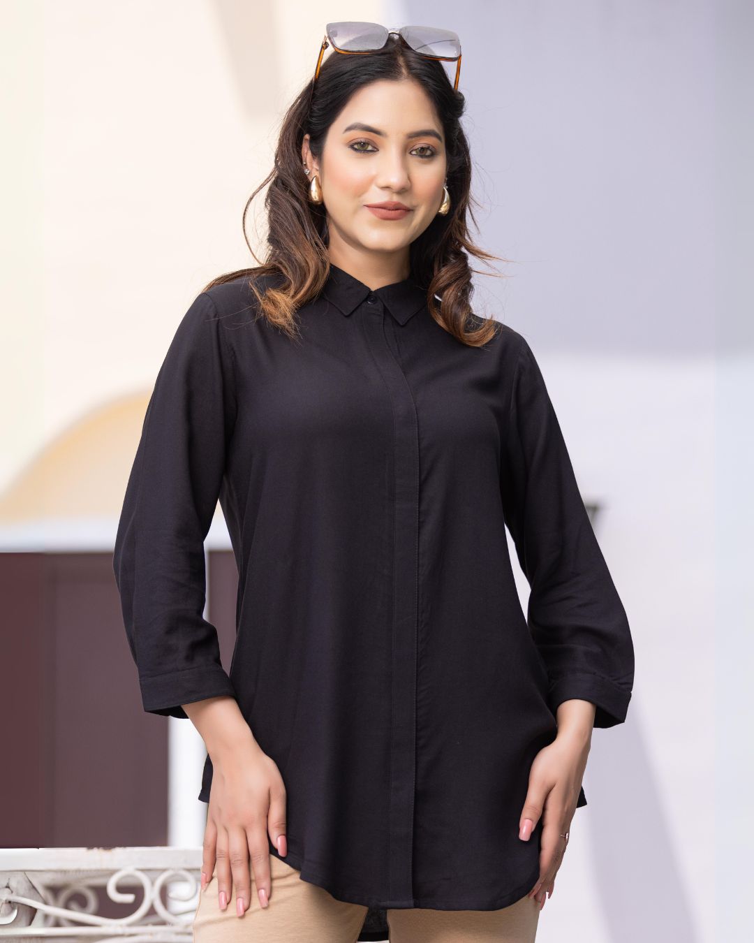 Black long hemline shirt [ 100% Rayon, Liva Certified ] - Long hemline shirt