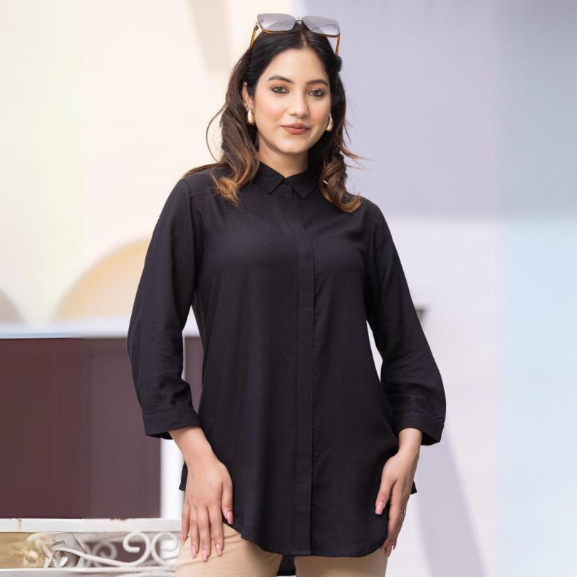 Black long hemline shirt [ 100% Rayon, Liva Certified ] - Long hemline shirt