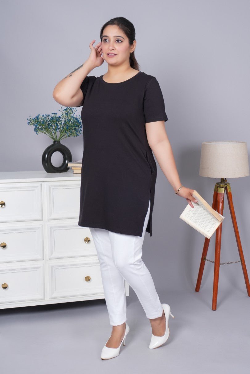 Black long round neck cotton t-shirt with pockets - Long cotton t-shirt