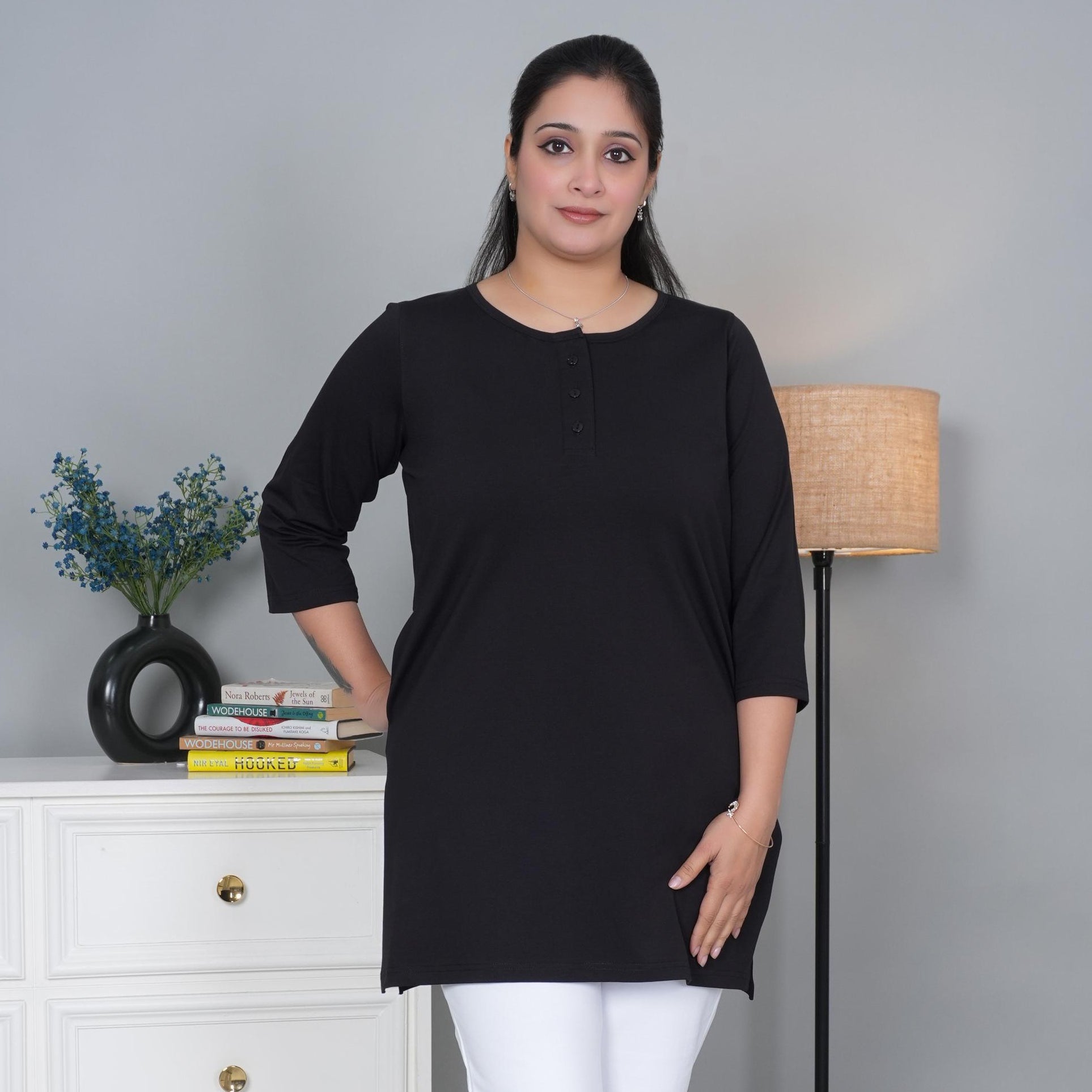 Black long round neck henley cotton lycra t-shirt with pockets - Long cotton t-shirt