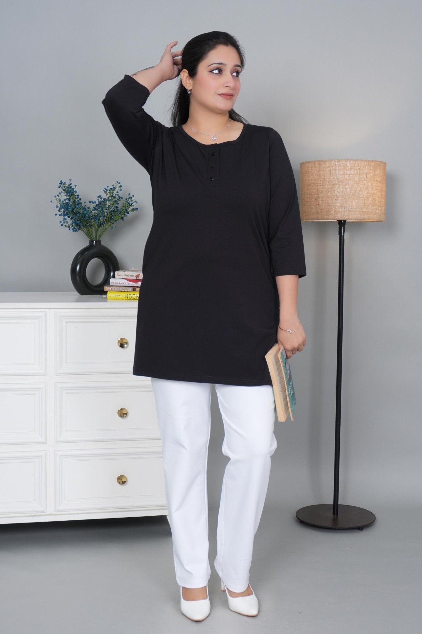 Black long round neck henley cotton lycra t-shirt with pockets - Long cotton t-shirt