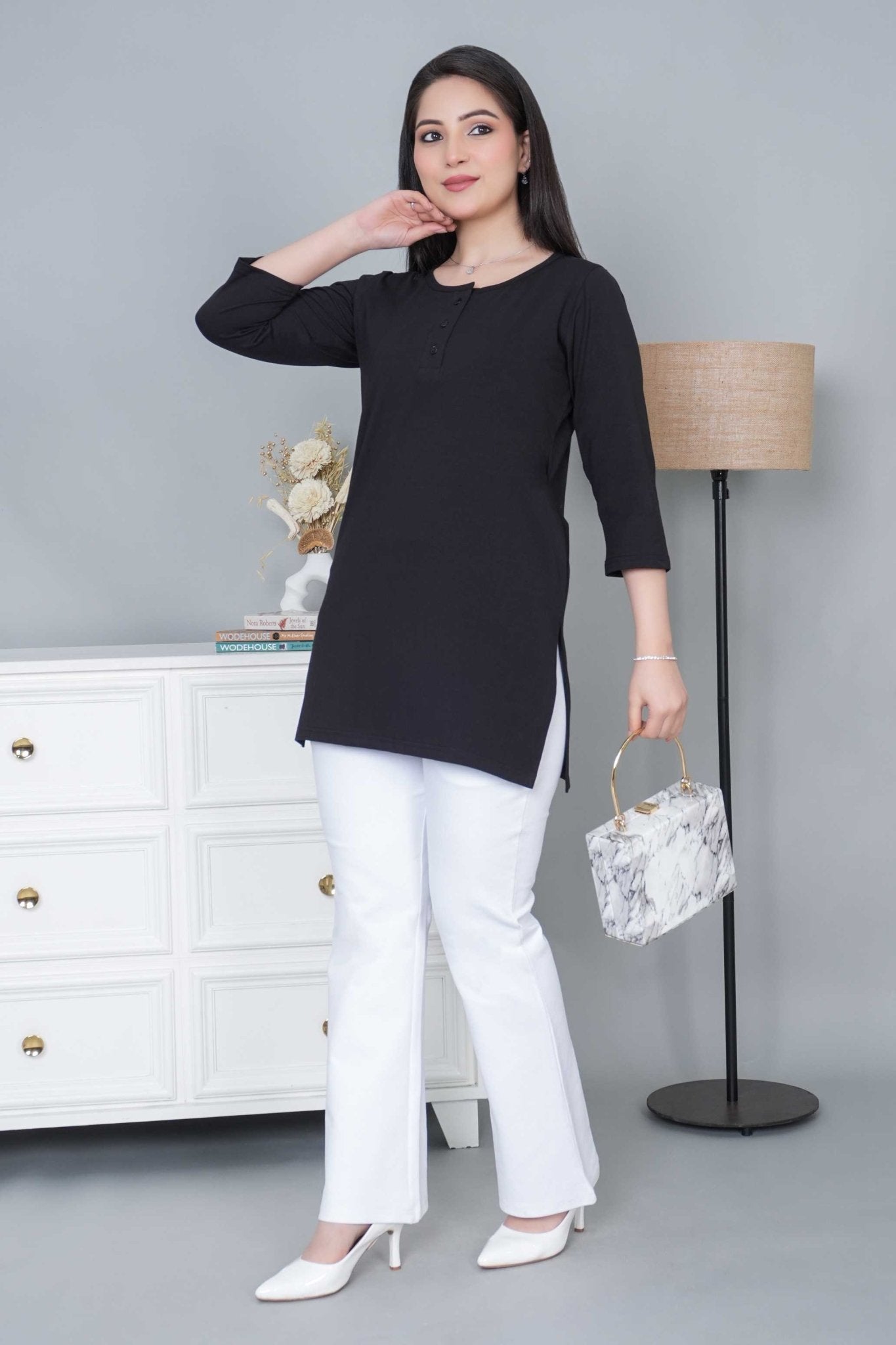 Black long round neck henley cotton lycra t-shirt with pockets - Long cotton t-shirt