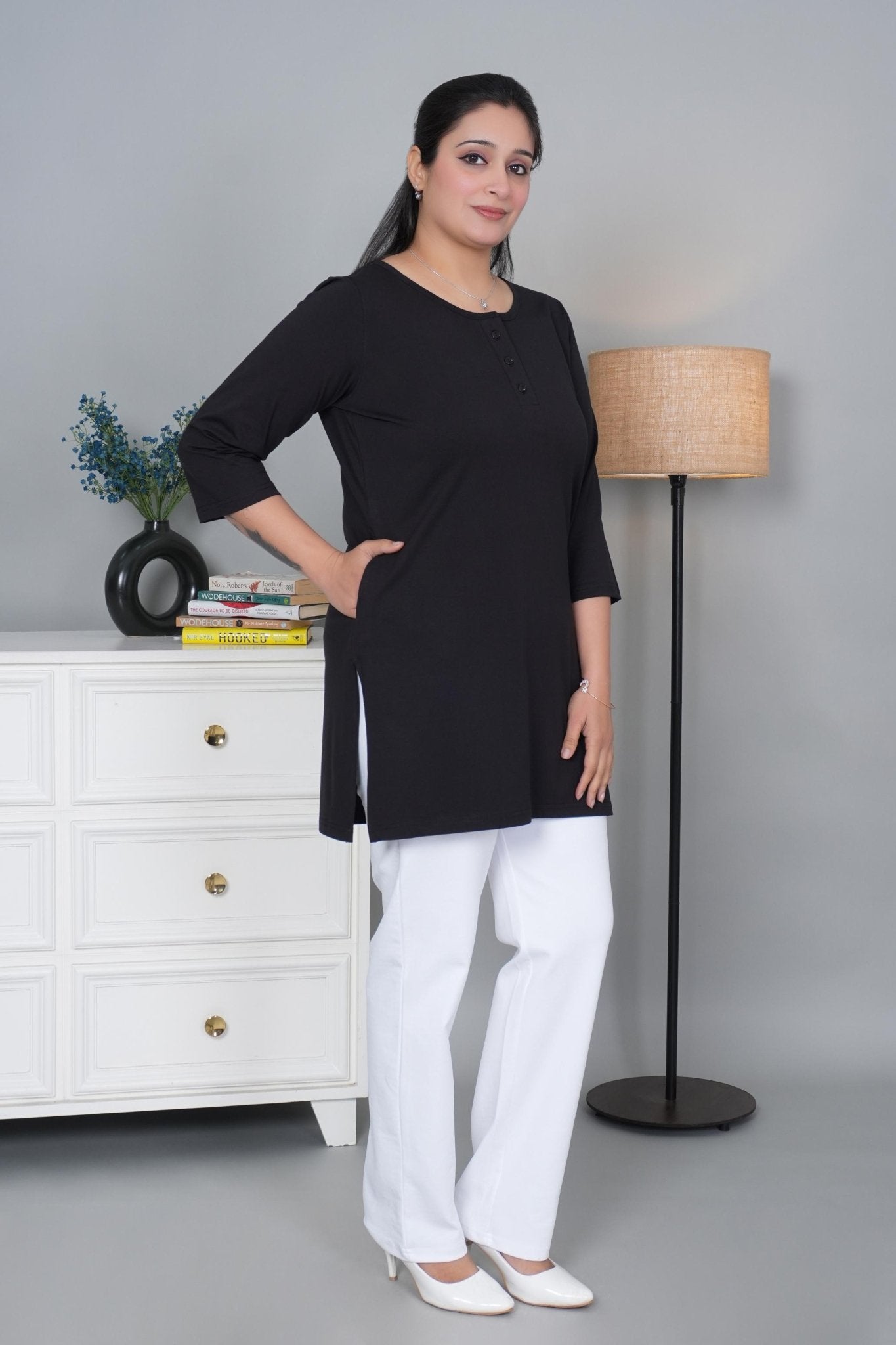 Black long round neck henley cotton lycra t-shirt with pockets - Long cotton t-shirt