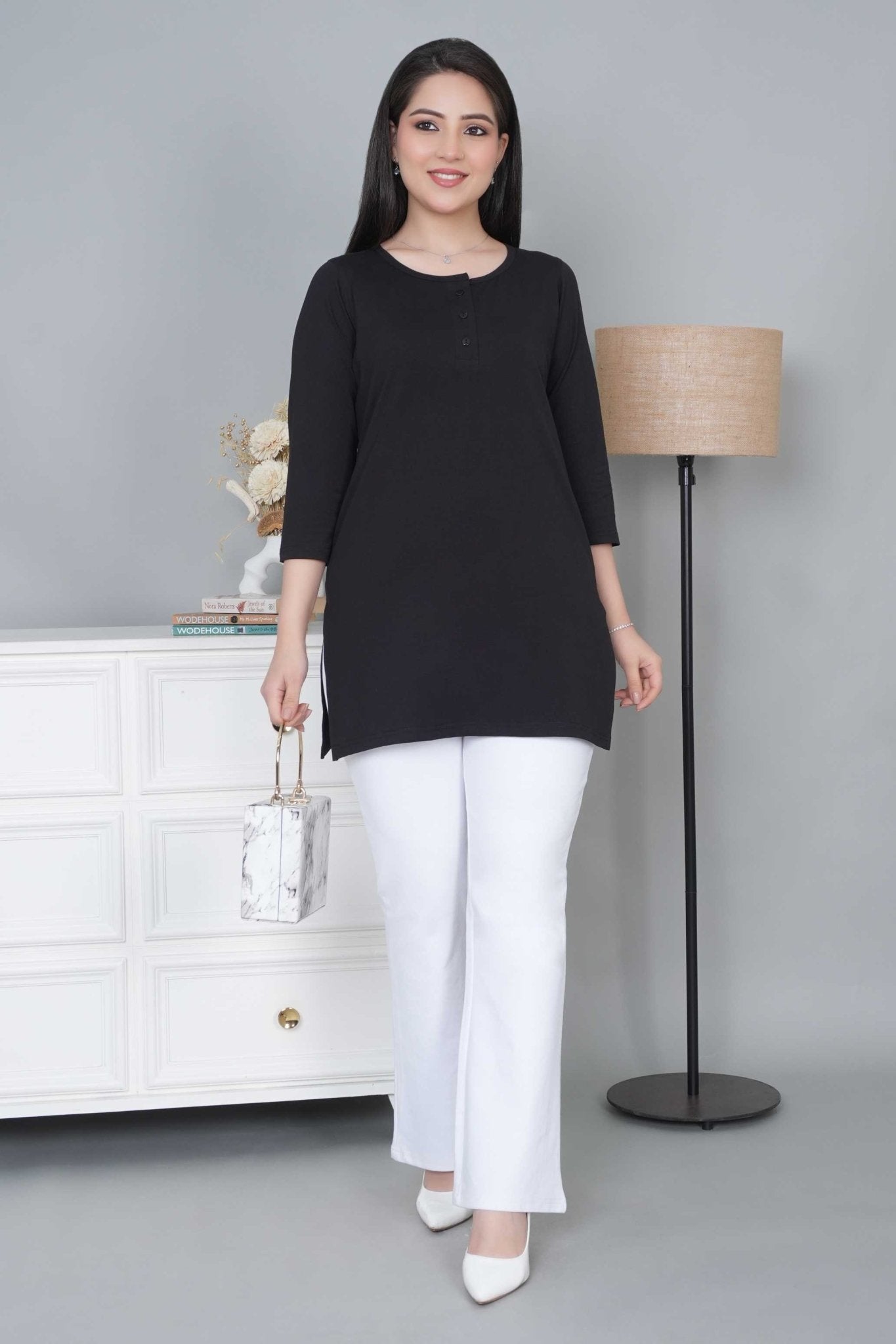 Black long round neck henley cotton lycra t-shirt with pockets - Long cotton t-shirt