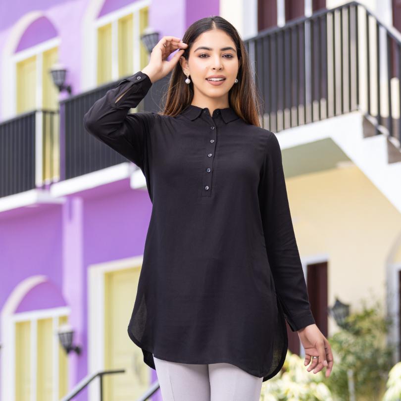 Black Longline shirt [ 100% Rayon, Liva Certified ] - Long line shirt