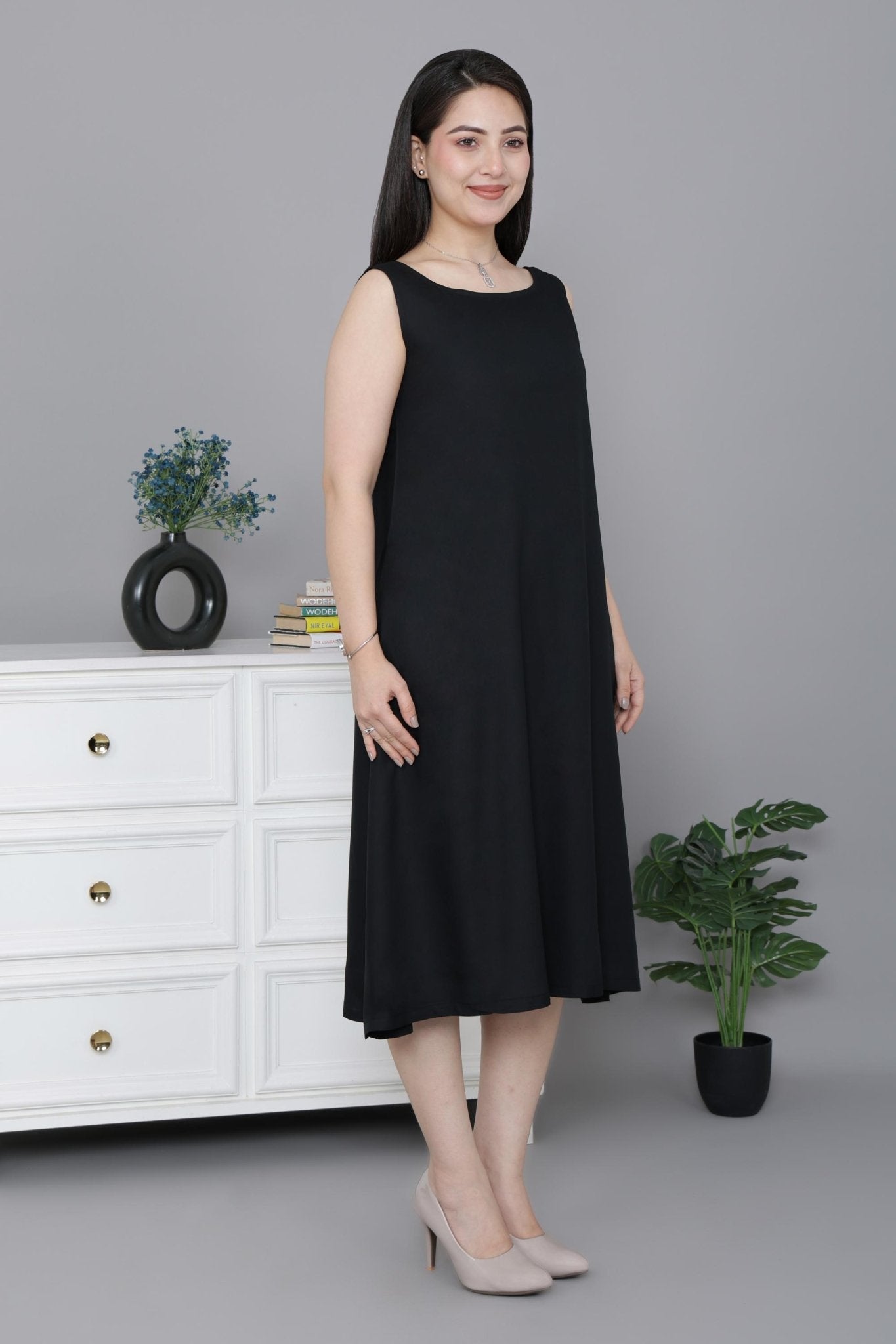 Black rayon flare dress with pocket [ Premium 100% Rayon, Liva Certified ] - Rayon flare dress with pocket