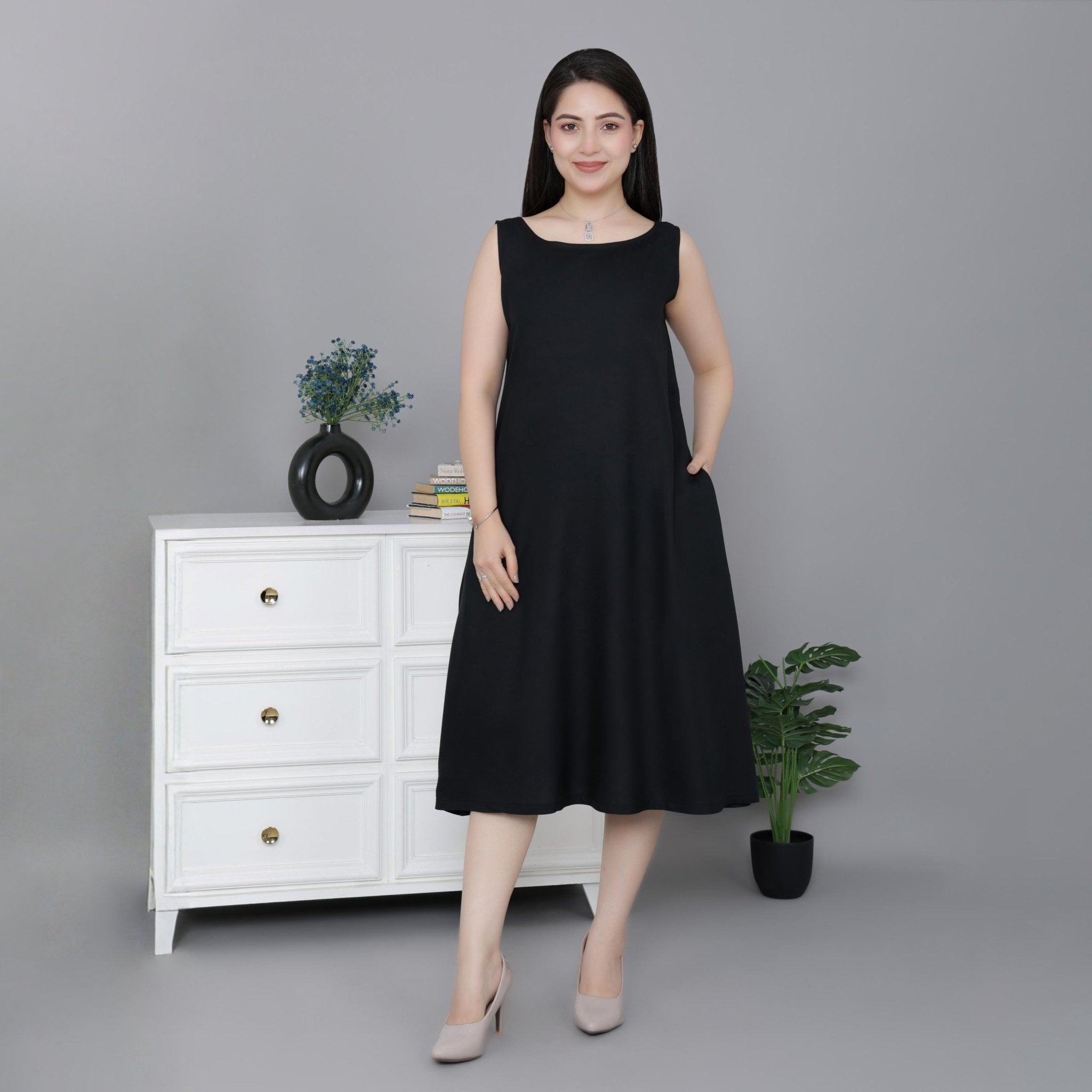Black rayon flare dress with pocket [ Premium 100% Rayon, Liva Certified ] - Rayon flare dress with pocket