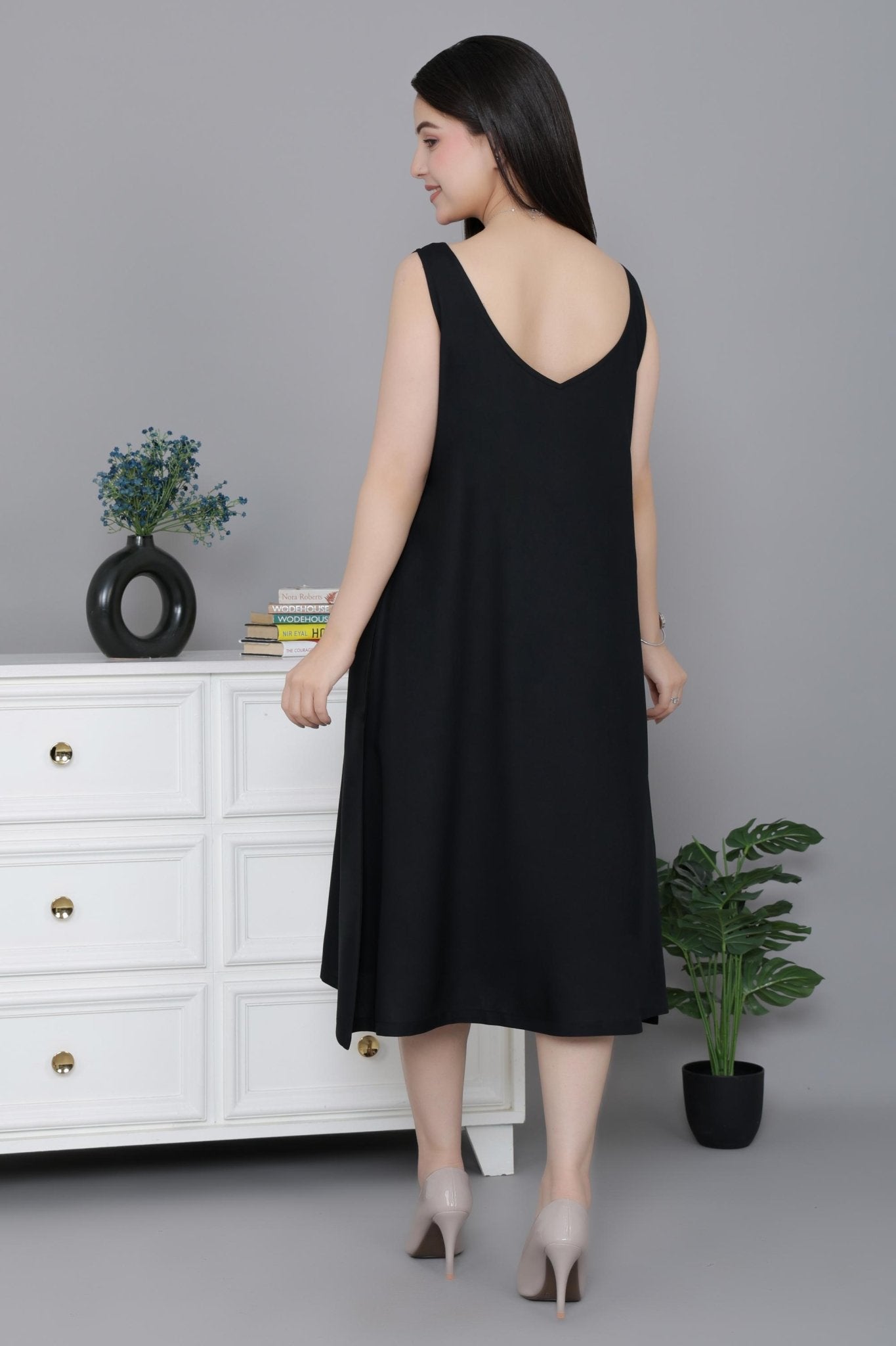 Black rayon flare dress with pocket [ Premium 100% Rayon, Liva Certified ] - Rayon flare dress with pocket