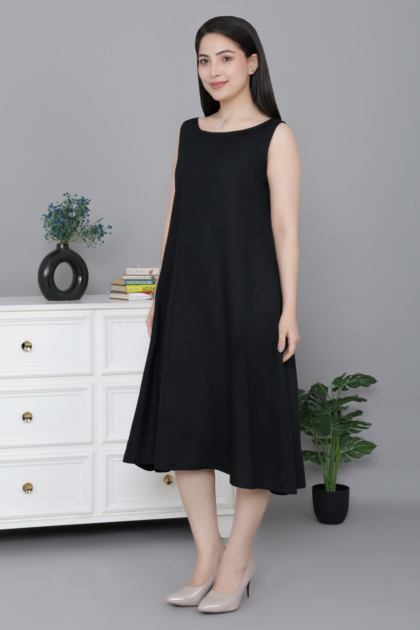 Black rayon flare dress with pocket [ Premium 100% Rayon, Liva Certified ] - Rayon flare dress with pocket