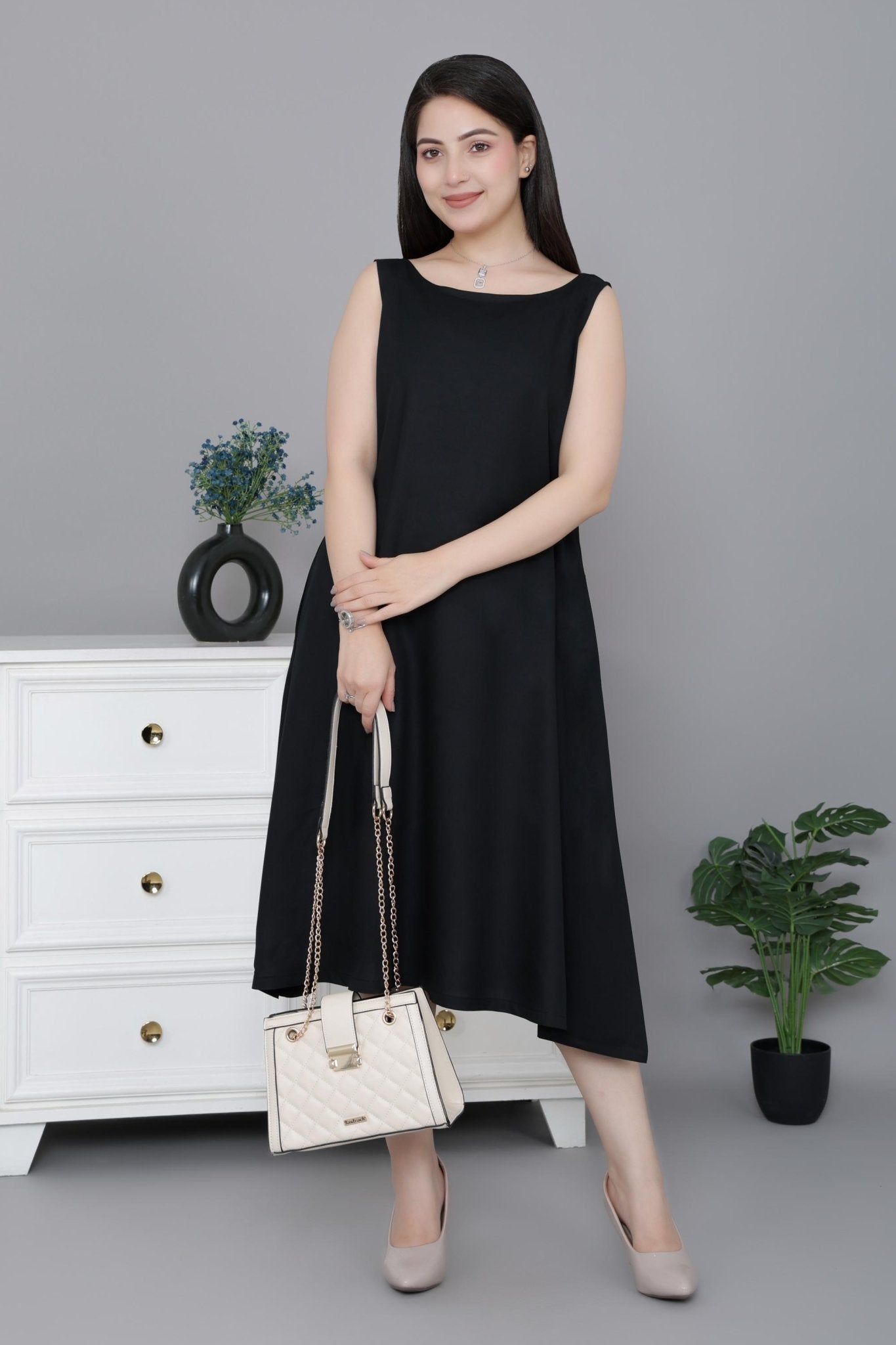 Black rayon flare dress with pocket [ Premium 100% Rayon, Liva Certified ] - Rayon flare dress with pocket